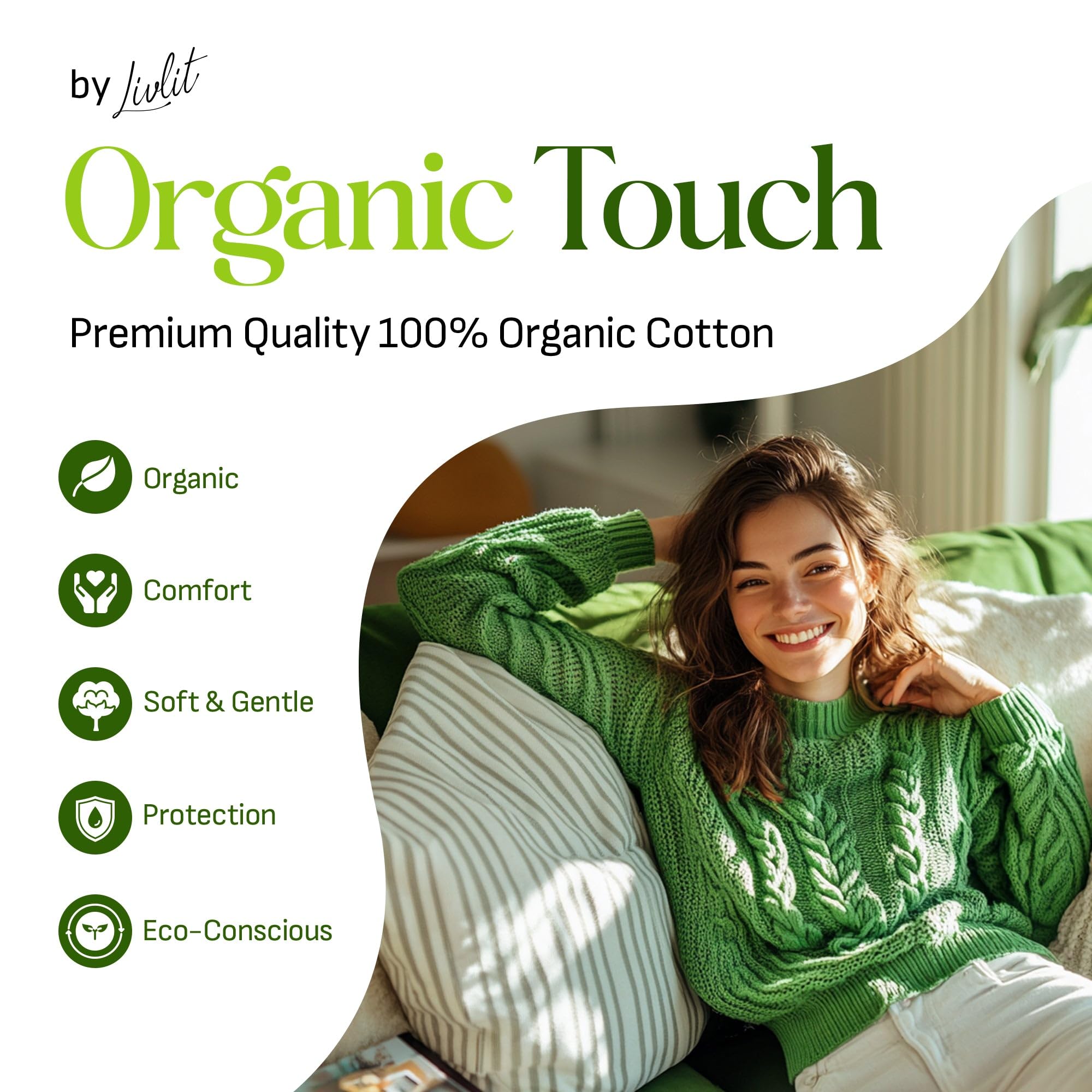 Livlit Regular Size Ultra Thin Sanitary Pads, 100% Organic Cotton from Texas, Powerful Leak Protection, Unscented, Chlorine Free