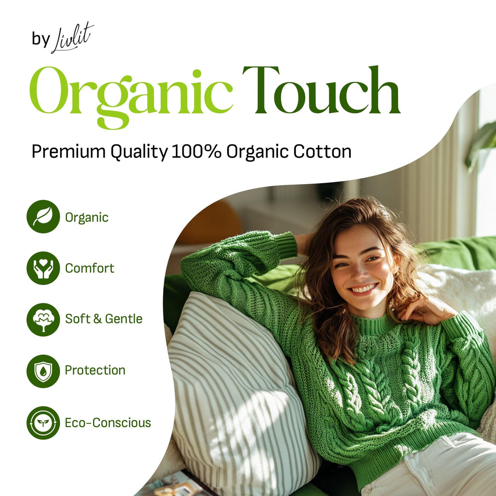 Livlit Regular Size Ultra Thin Sanitary Pads, 100% Organic Cotton from Texas, Powerful Leak Protection, Unscented, Chlorine Free