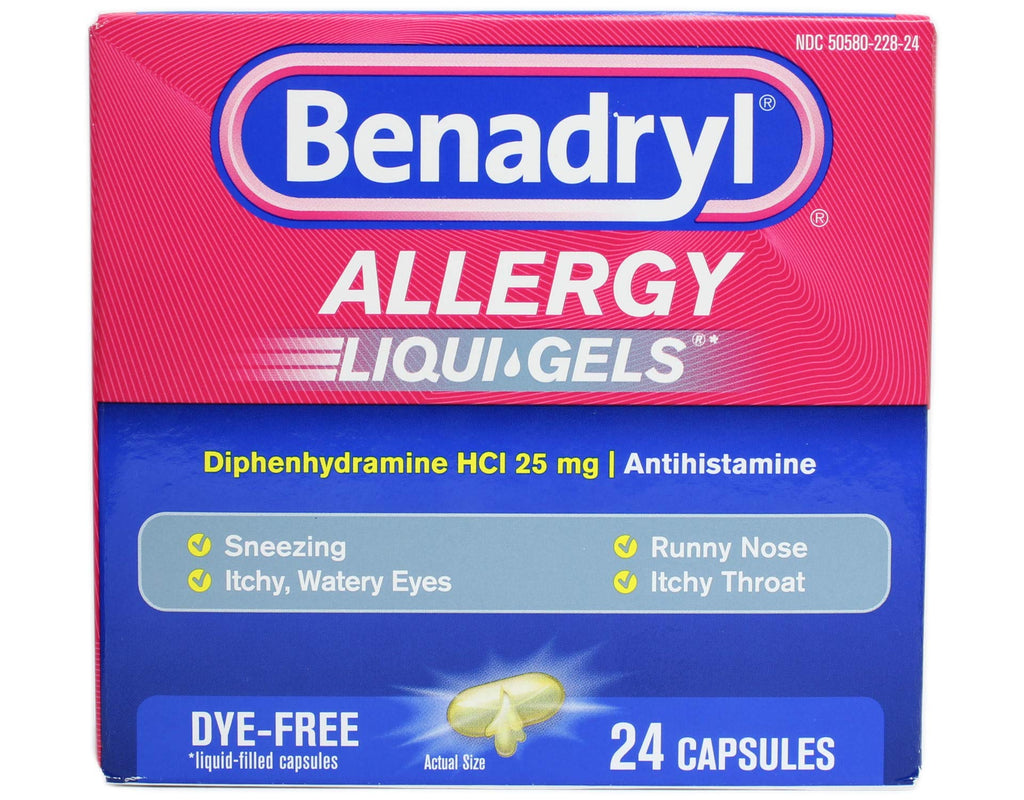 Benadryl Liqui-Gels Antihistamine Allergy Medicine & Cold Symptom Relief, Dye-Free Liquid Gelcaps with 25 mg of Diphenhydramine 