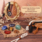 Crystals Necklace Holders and Healing Stones Set, 6Pcs Adjustable Crystal Cage with 7 Chakra Crystals and Healing Stones for Yog