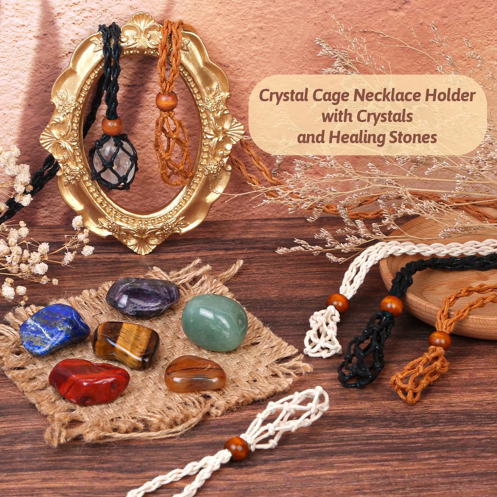 Crystals Necklace Holders and Healing Stones Set, 6Pcs Adjustable Crystal Cage with 7 Chakra Crystals and Healing Stones for Yog