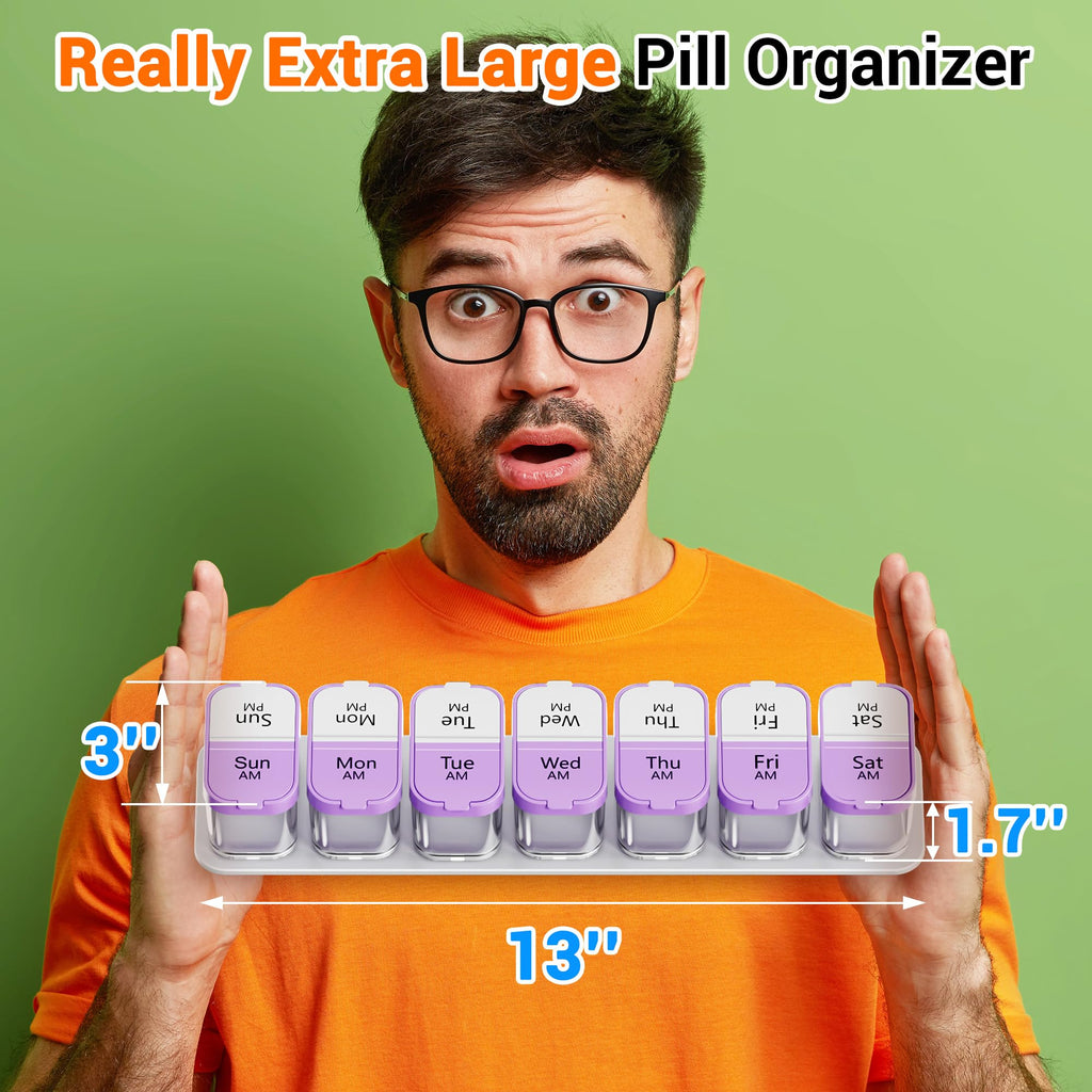 Daviky Large Pill Organizer 7 Day, Weekly XL Pill Box 2 Times a Day, Extra Big Medicine Case AM PM for Vitamins, Supplements and