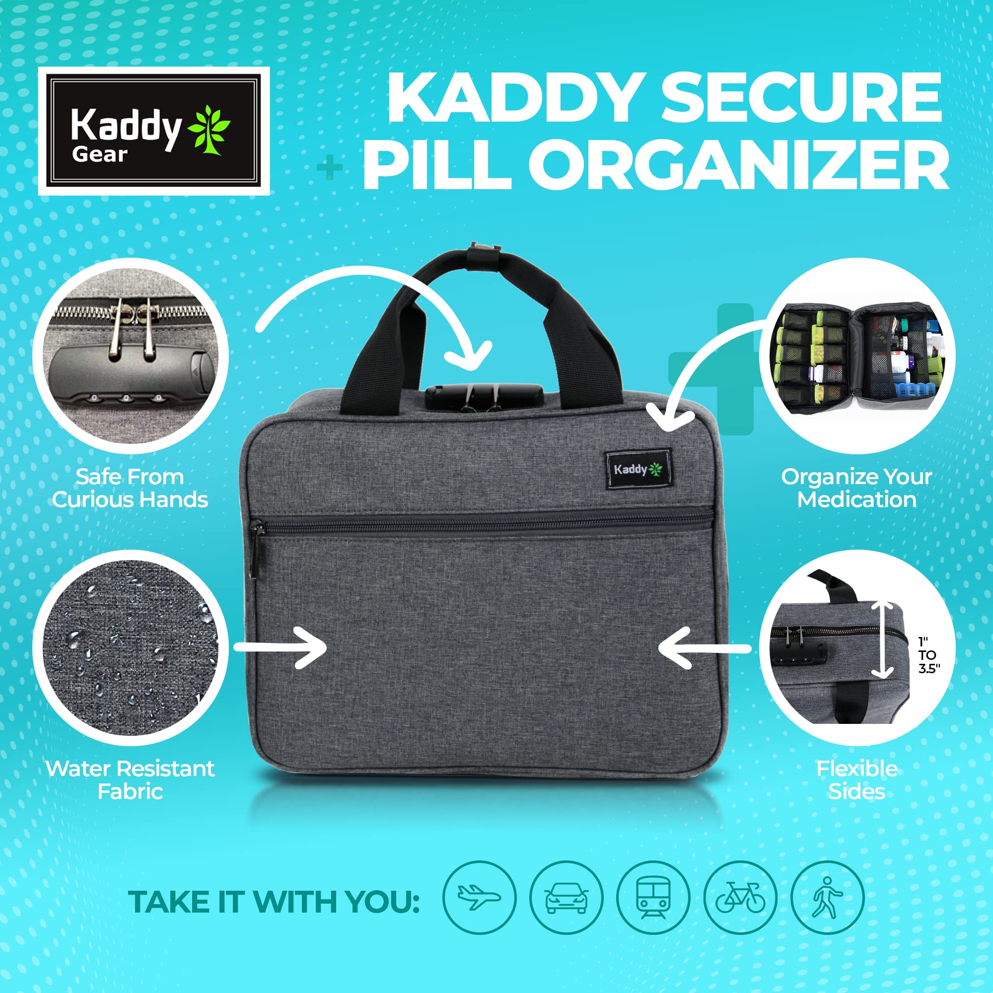 Kaddy Large Medicine Bag, Secure, Padded, Pill Organizer Box, Case for Bottles of Medicine or Supplements; Storage; Toiletry; 3