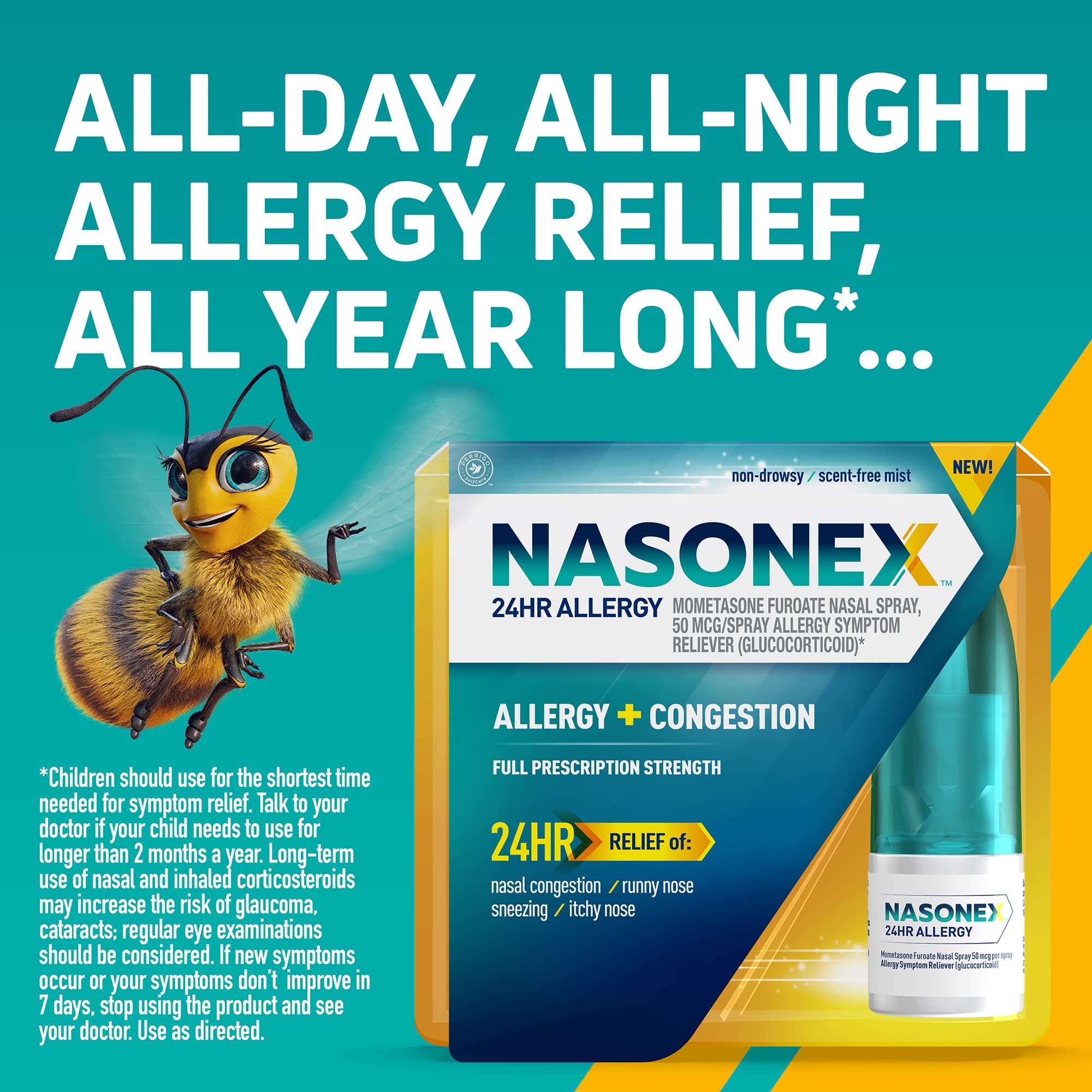 Nasonex 24HR Allergy Nasal Spray, Allergy + Congestion, Non-Drowsy Relief in Full Prescription Strength,120 Spray, 2 Pack