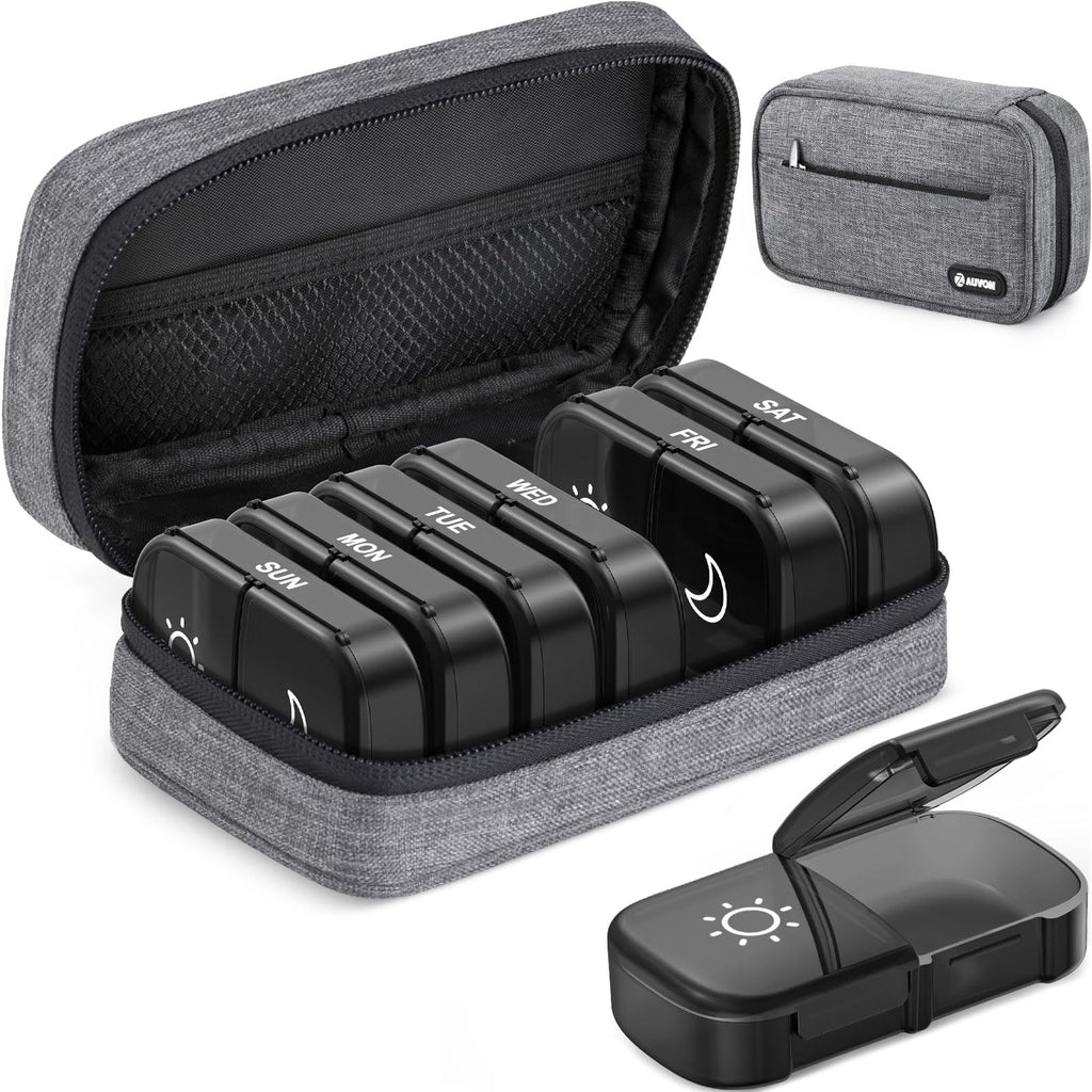 AUVON Canvas Bag XL Weekly Pill Organizer 2 Times a Day, Travel Pill Box 7 Day with One-Side Large Opening, AM PM Pill Case with