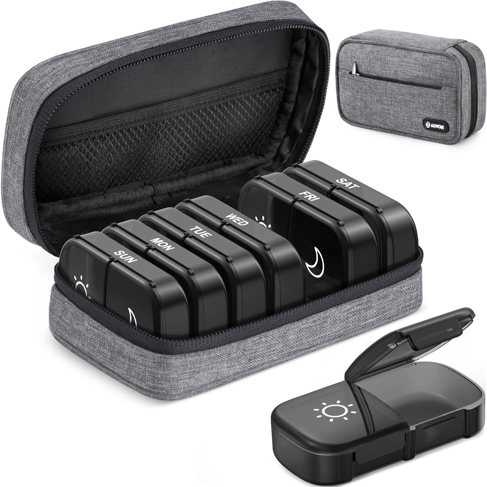 AUVON Canvas Bag XL Weekly Pill Organizer 2 Times a Day, Travel Pill Box 7 Day with One-Side Large Opening, AM PM Pill Case with