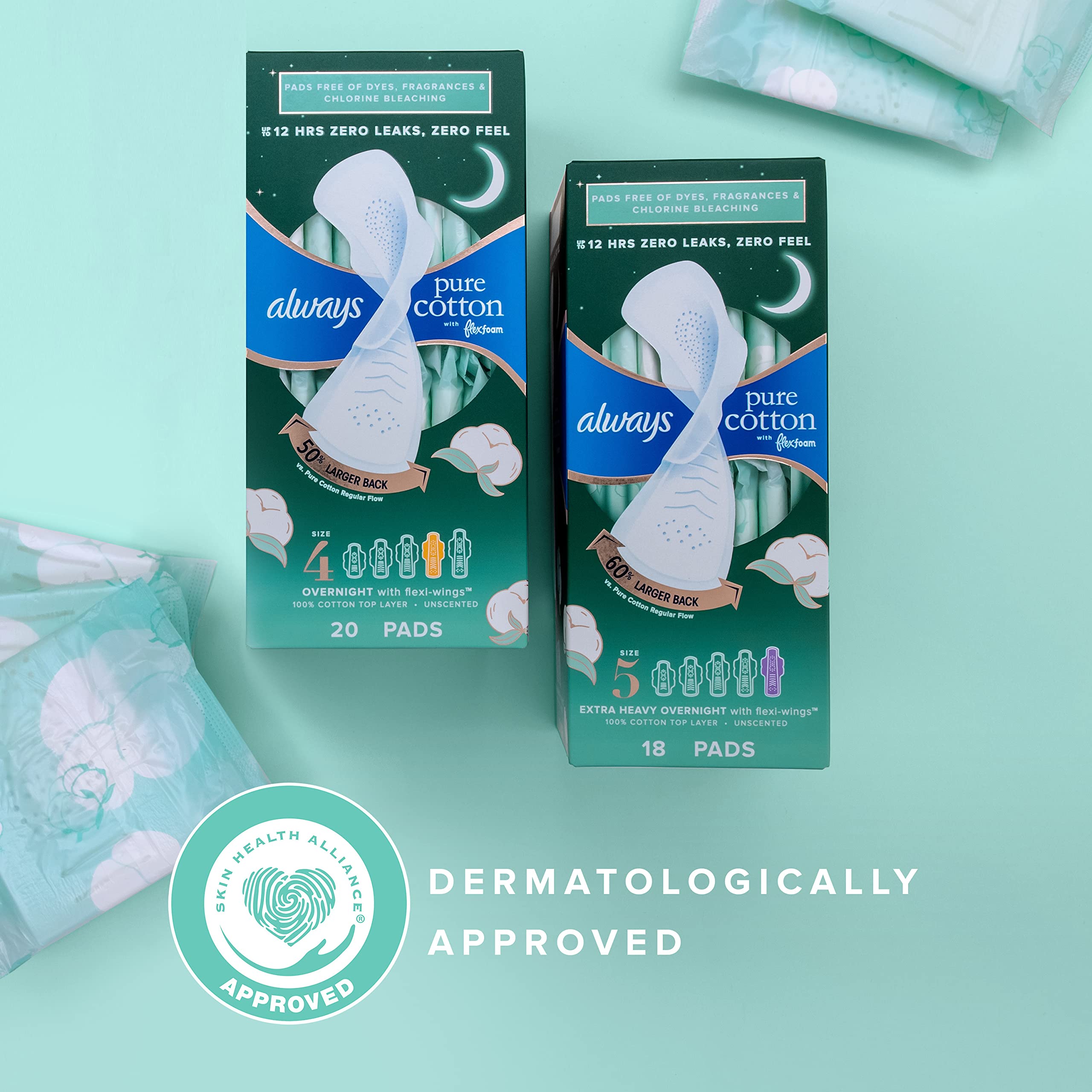 Always Pure Cotton, Feminine Pads for Women, Size 4 Overnight Absorbency, Multipack, with Flexfoam, with Wings, Unscented, 20 Co