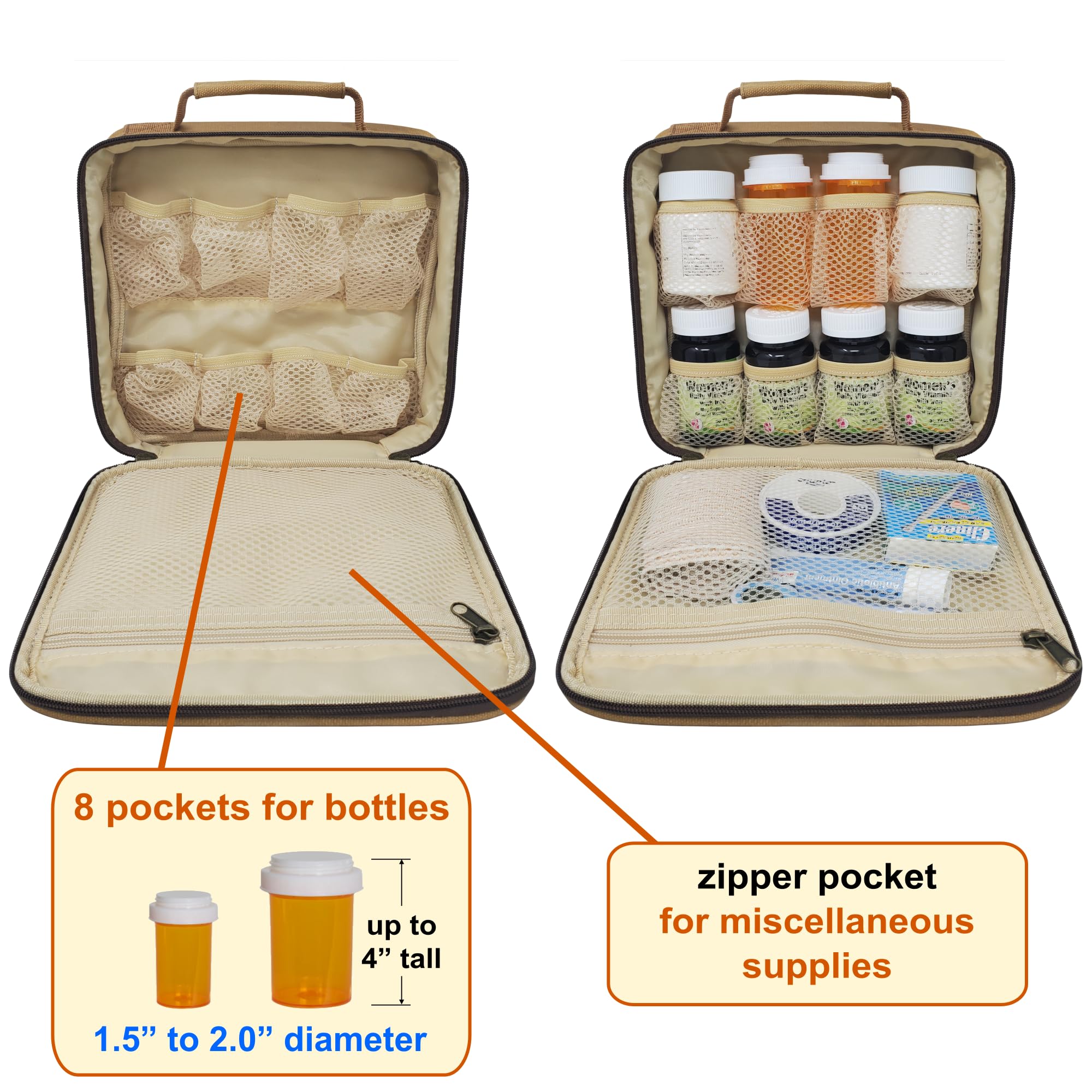 StarPlus2 - Medium Travel Pill Bottle Organizer, Medicine Bag, Carrier for Medications and Medical Supplies - Khaki Canvas (With