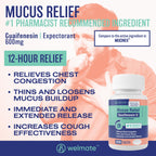 WELMATE - Mucus Relief - Guaifenesin 600mg - 12 Hr Support - Temporary Relief from Cough, Nasal & Chest Congestion, Infections,