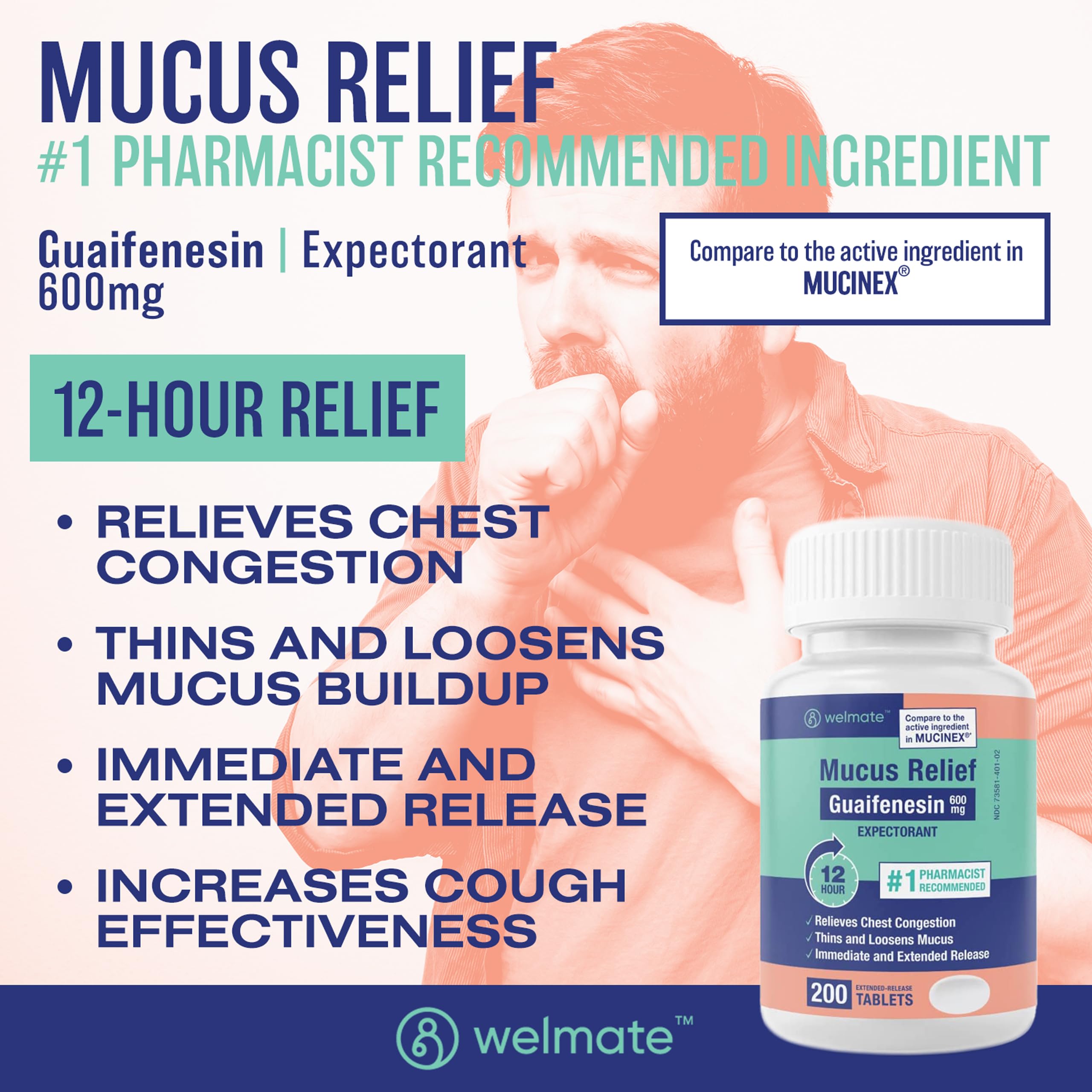 WELMATE - Mucus Relief - Guaifenesin 600mg - 12 Hr Support - Temporary Relief from Cough, Nasal & Chest Congestion, Infections,
