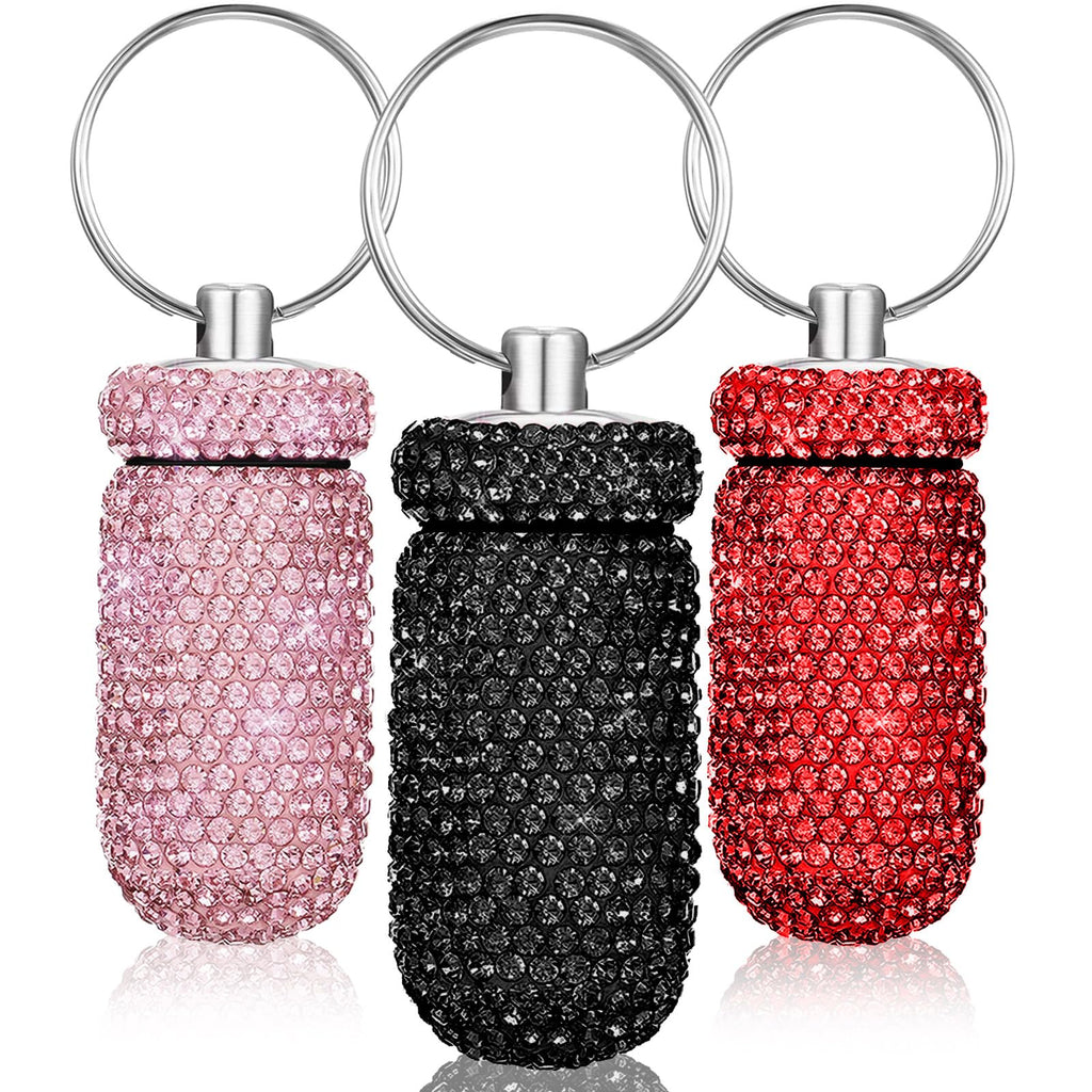 Patelai 3 Pieces Bling Pill Container Portable Pill Bottle Case Waterproof Travel Holder Storage with Keychain for Outdoor Campi