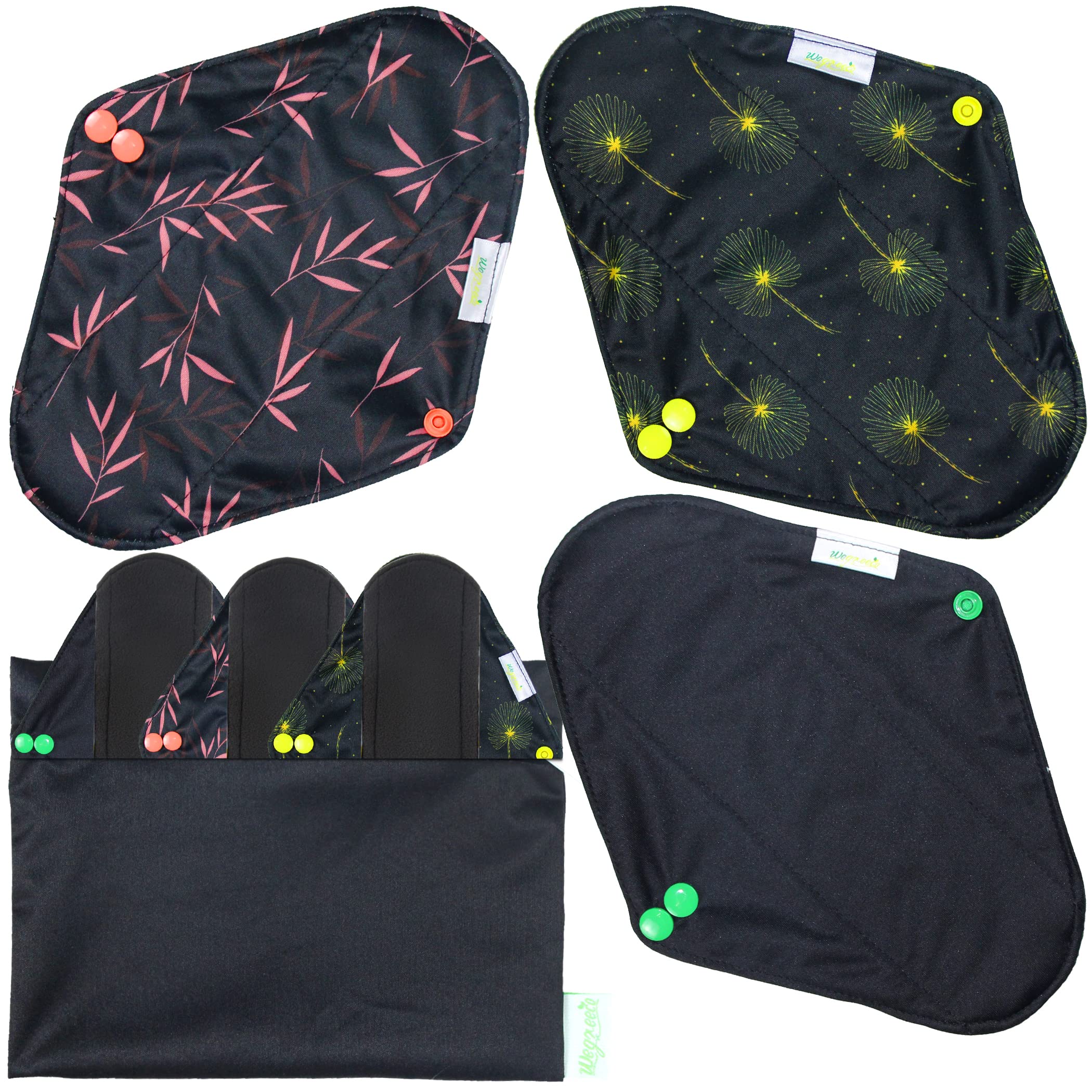 Wegreeco Reusable Menstrual Pads - Sanitary Pads and Panty Liners | Soft Cloth - 6 Pack With 1 Mini Wet Bag (Large, Dandelion)