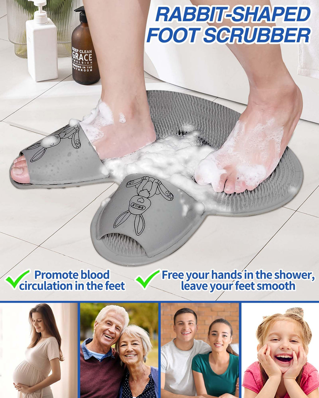 Manmihealth Extra-Large Shower Foot Scrubber Mat with Non-Slip Suction Cups, Rabbit-Shaped Silicone Foot Scrubber in Shower for