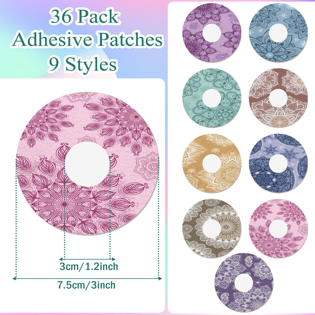 TrelaCo 36 Pcs Adhesive Patches Compatible with Libre 2 Waterproof Overpatches Breathable Colorful Mandala Floral Pre Cut Cover