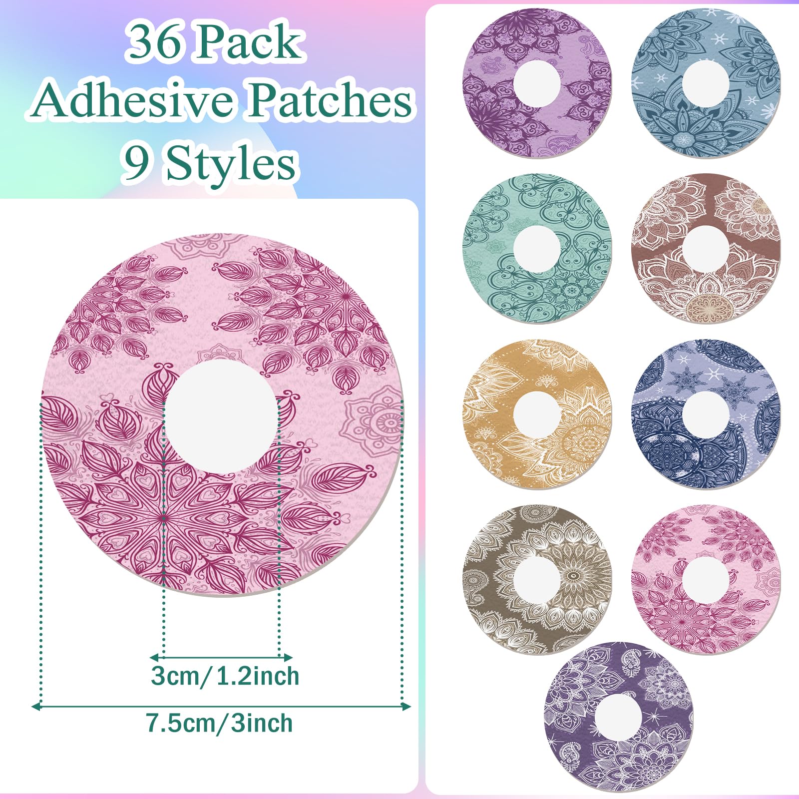 TrelaCo 36 Pcs Adhesive Patches Compatible with Libre 2 Waterproof Overpatches Breathable Colorful Mandala Floral Pre Cut Cover