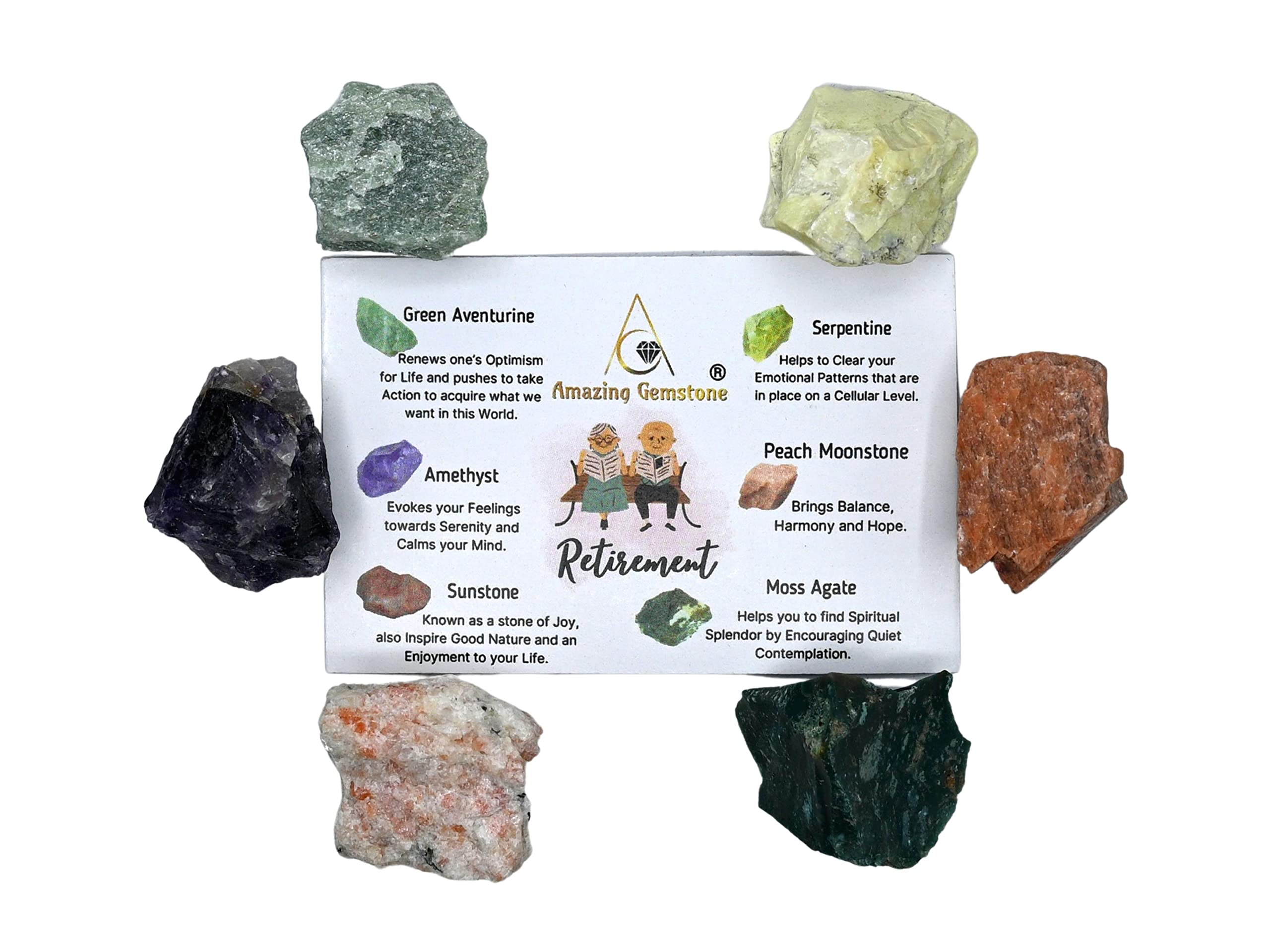 Crystals for Retirement, Set of 6 Amethyst, Green Aventurine, Sunstone, Serpentine, Moss Agate and Peach Moonstone Healing Cryst