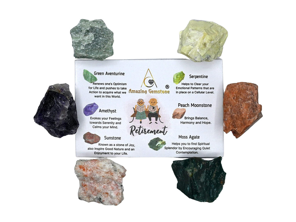 Crystals for Retirement, Set of 6 Amethyst, Green Aventurine, Sunstone, Serpentine, Moss Agate and Peach Moonstone Healing Cryst