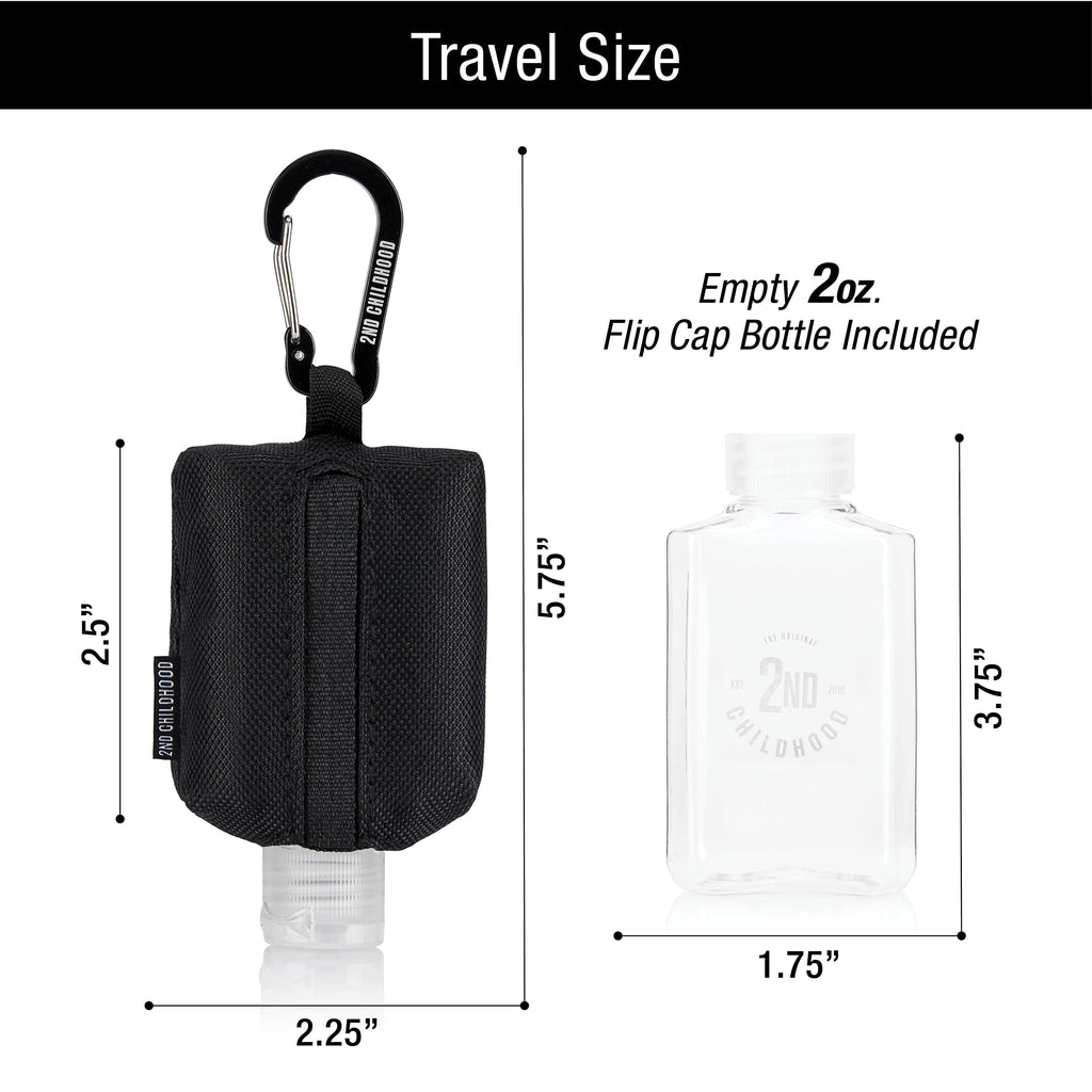 2nd Childhood Sanitizer Holder Bag; Travel Size Empty 2 oz Refillable Bottle; Carabiner Clips on to Backpack or Purse