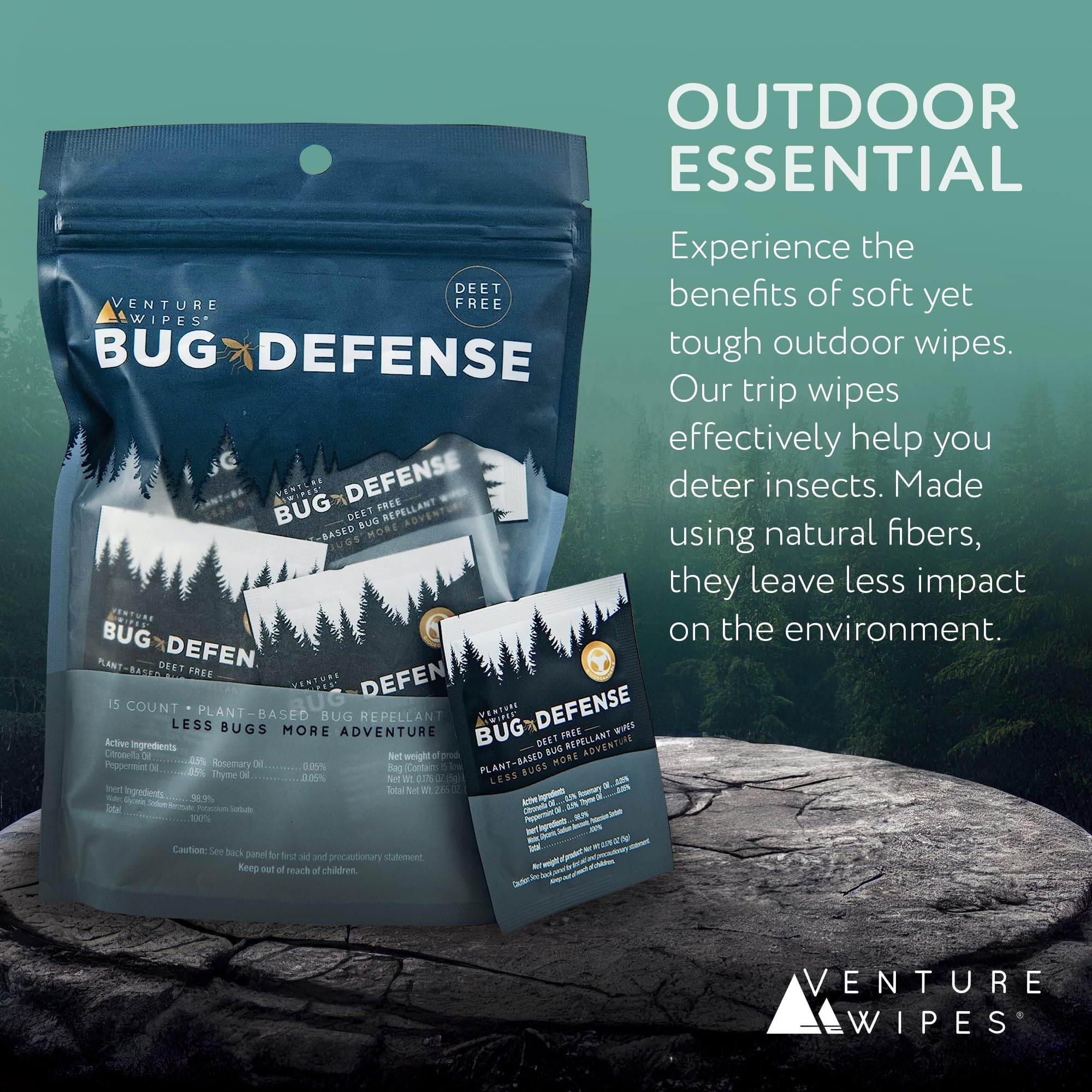 Venture Wipes Natural Mosquito Repellent Wipes - DEET-Free Bug Repellant - Long Lasting Insect Repellent Wipes - Travel Friendly