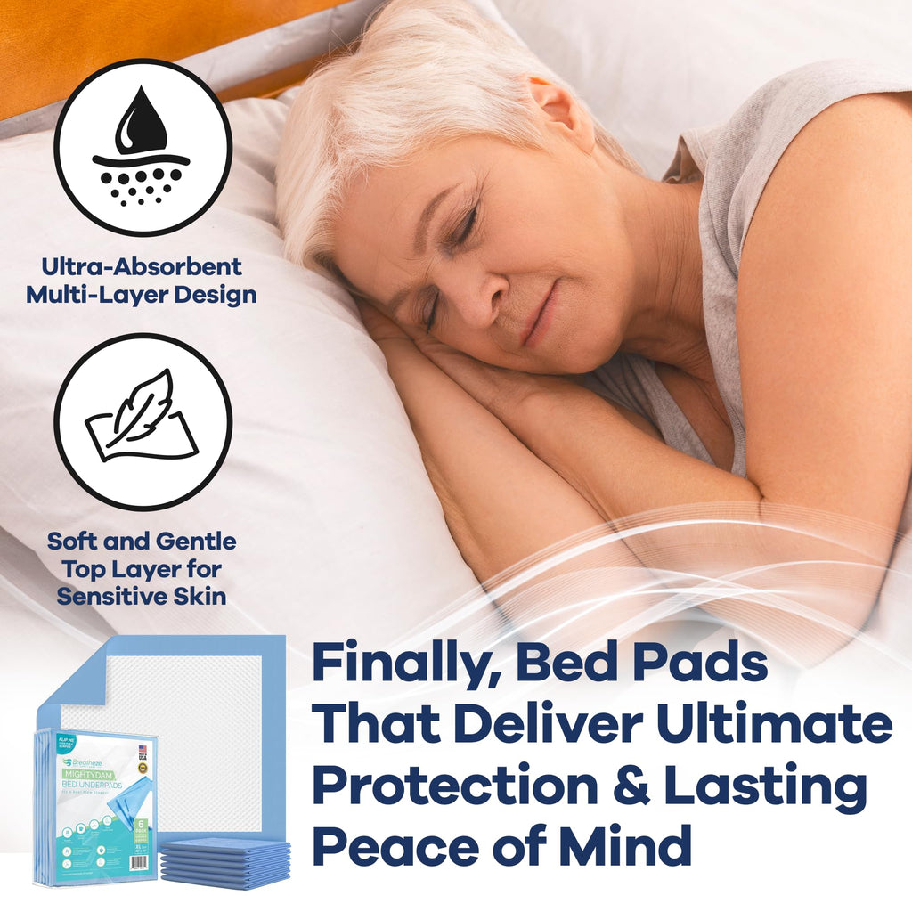 Breatheze Incontinence Bed Pads - Extra Large Disposable Underpads for Adults, Elderly, Kids, and Pets - Heavy Duty Absorbent Pa