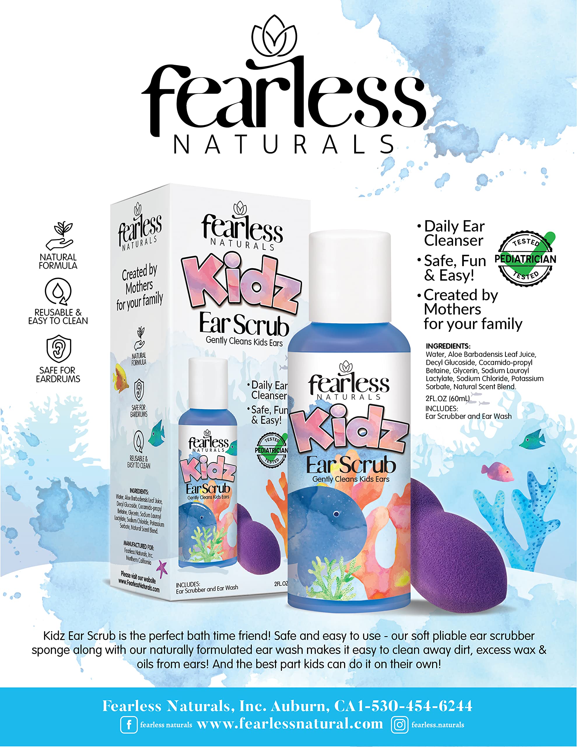 Fearless Naturals Kids Ear Scrub Daily Ear Cleaner for Kids and Adults Ear Wax Removal Clean Away Dirty, Wax, and Oil - All Natu