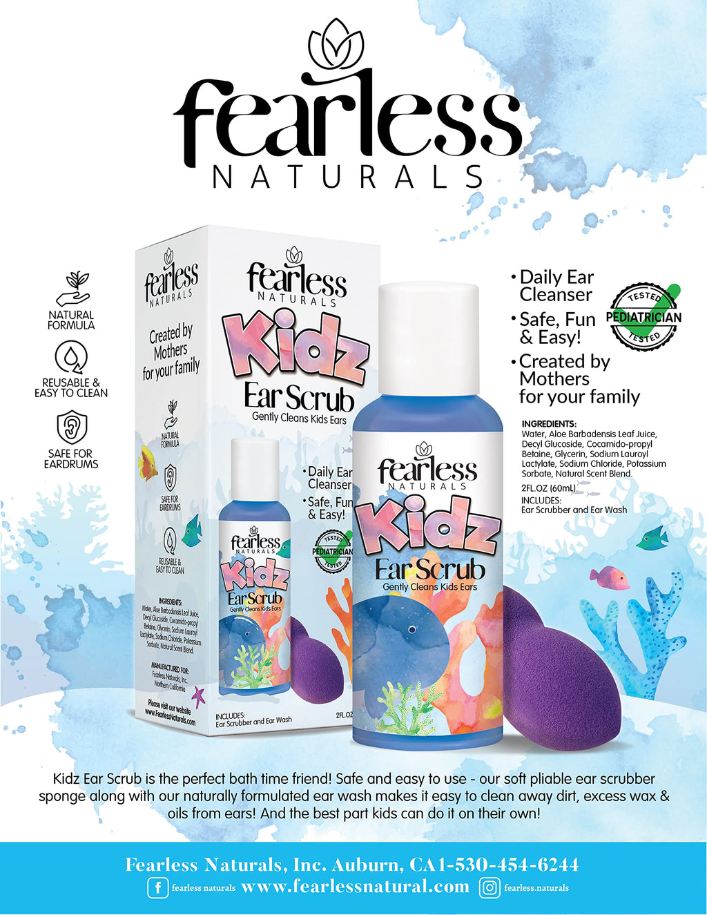 Fearless Naturals Kids Ear Scrub Daily Ear Cleaner for Kids and Adults Ear Wax Removal Clean Away Dirty, Wax, and Oil - All Natu