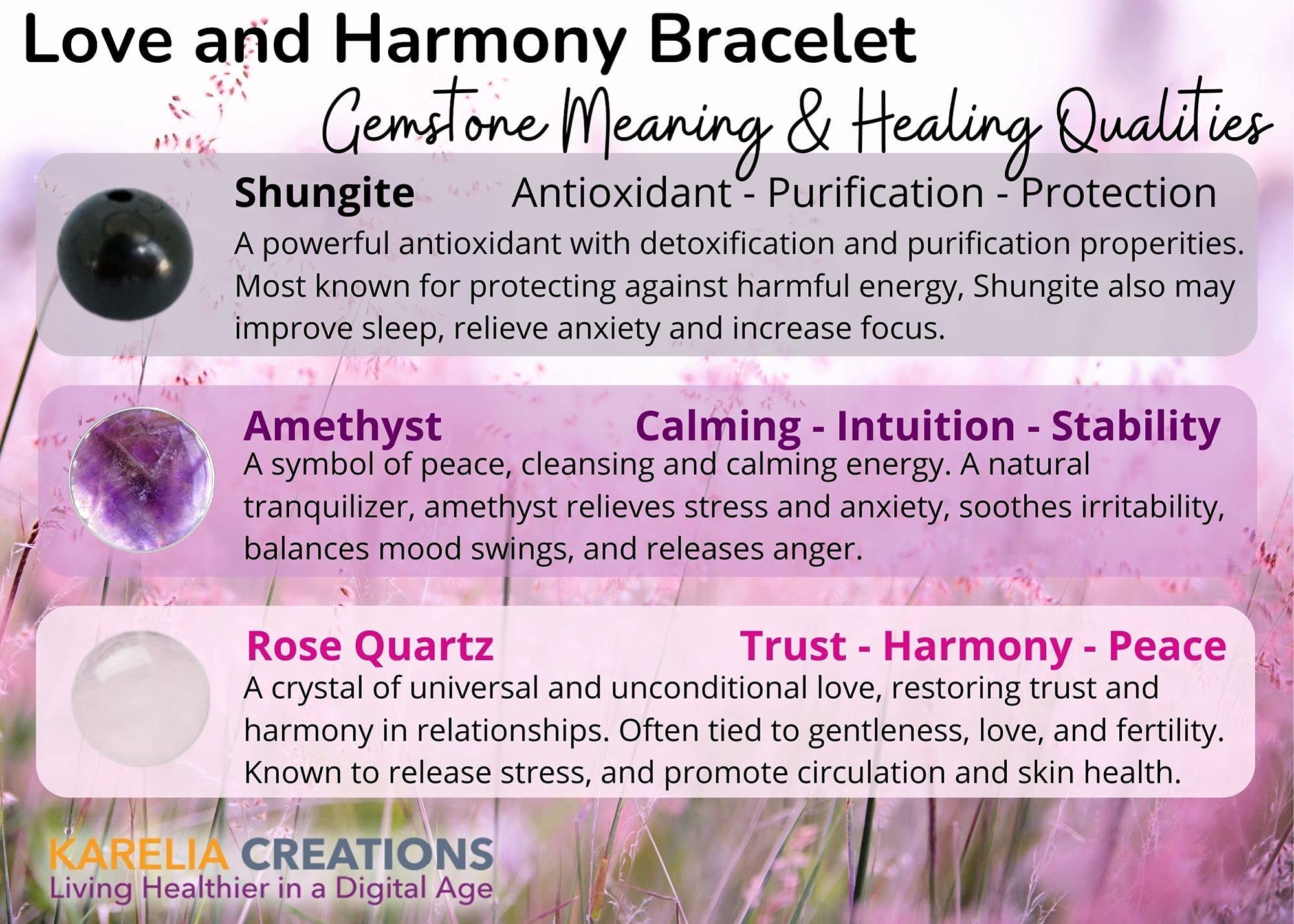 Shungite, Amethyst and Pink Quartz Protection Bracelet - Fits Average Adult Wrists (7.5 Inch Stretchy; 8mm Beads)