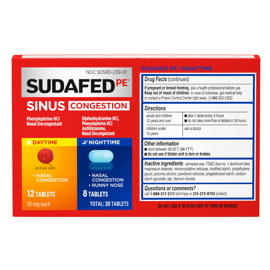 Sudafed PE Sinus Congestion Day + Night Maximum Strength Decongestant & Antihistamine Tablets with Phenylephrine HCl & Diphenhyd