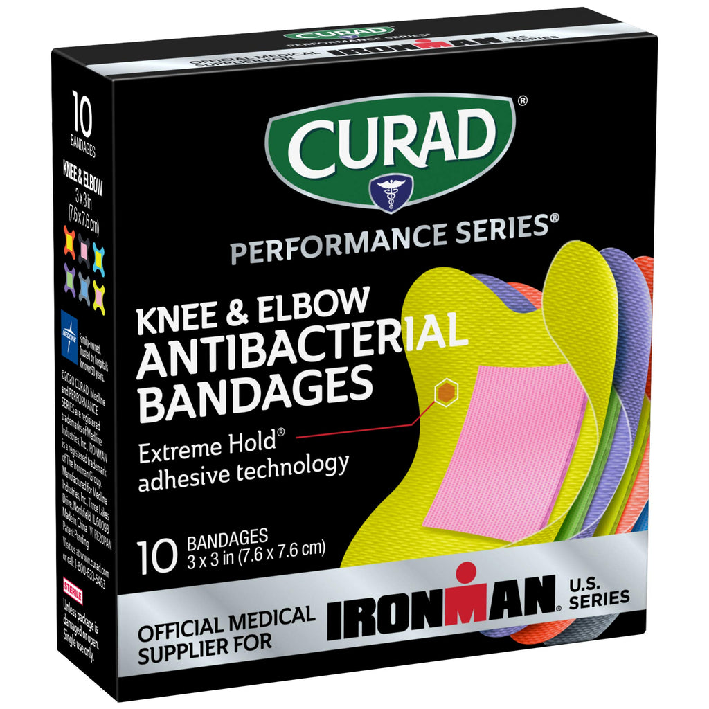 CURAD Performance Series IRONMAN Antibacterial Bandages, Extreme Hold Adhesive Technology, Knee & Elbow 3 inches x 3 inches, 10 