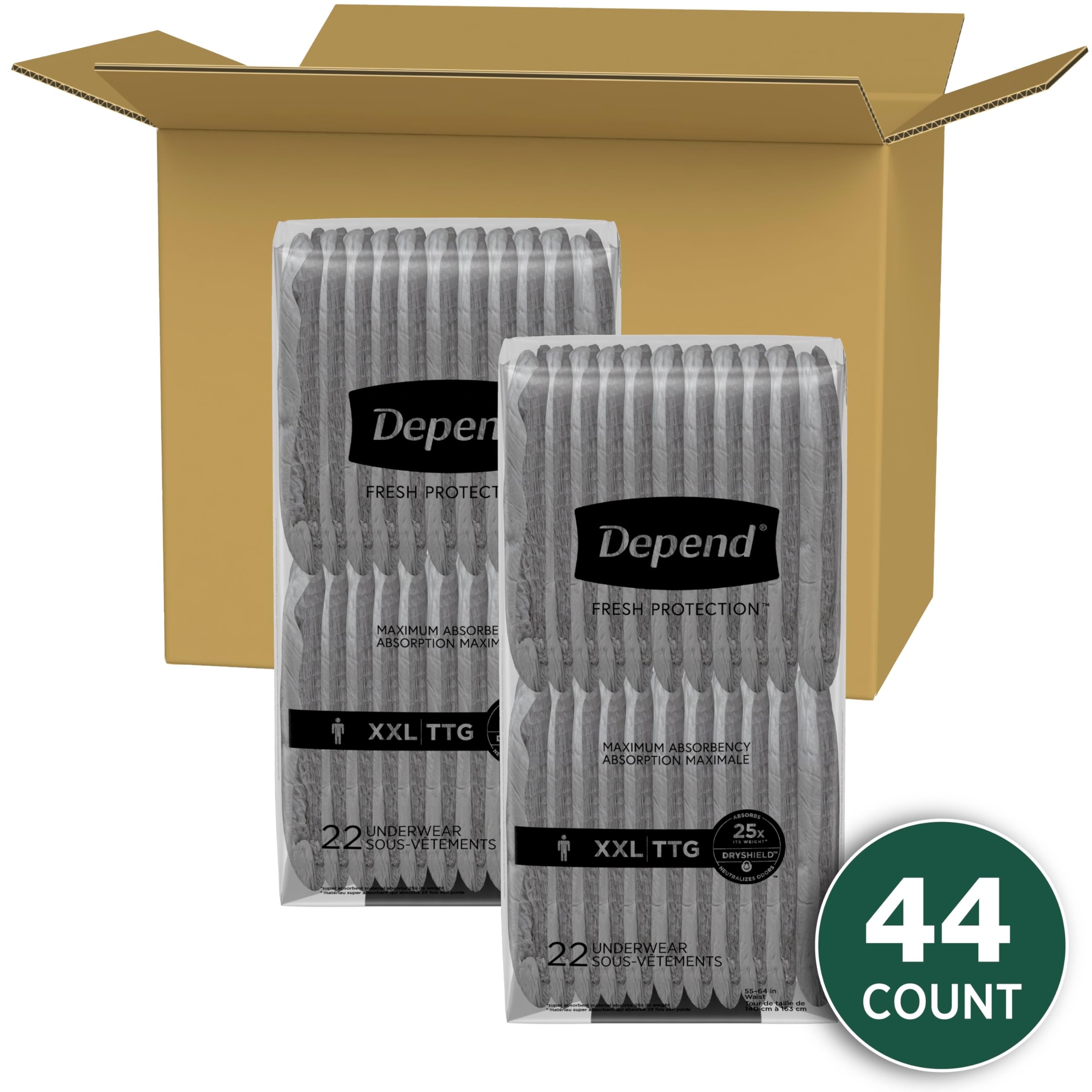 Depend Fresh Protection Adult Incontinence Underwear for Men, Disposable, Maximum, Extra-Extra-Large, Grey, 44 Count (2 Packs of