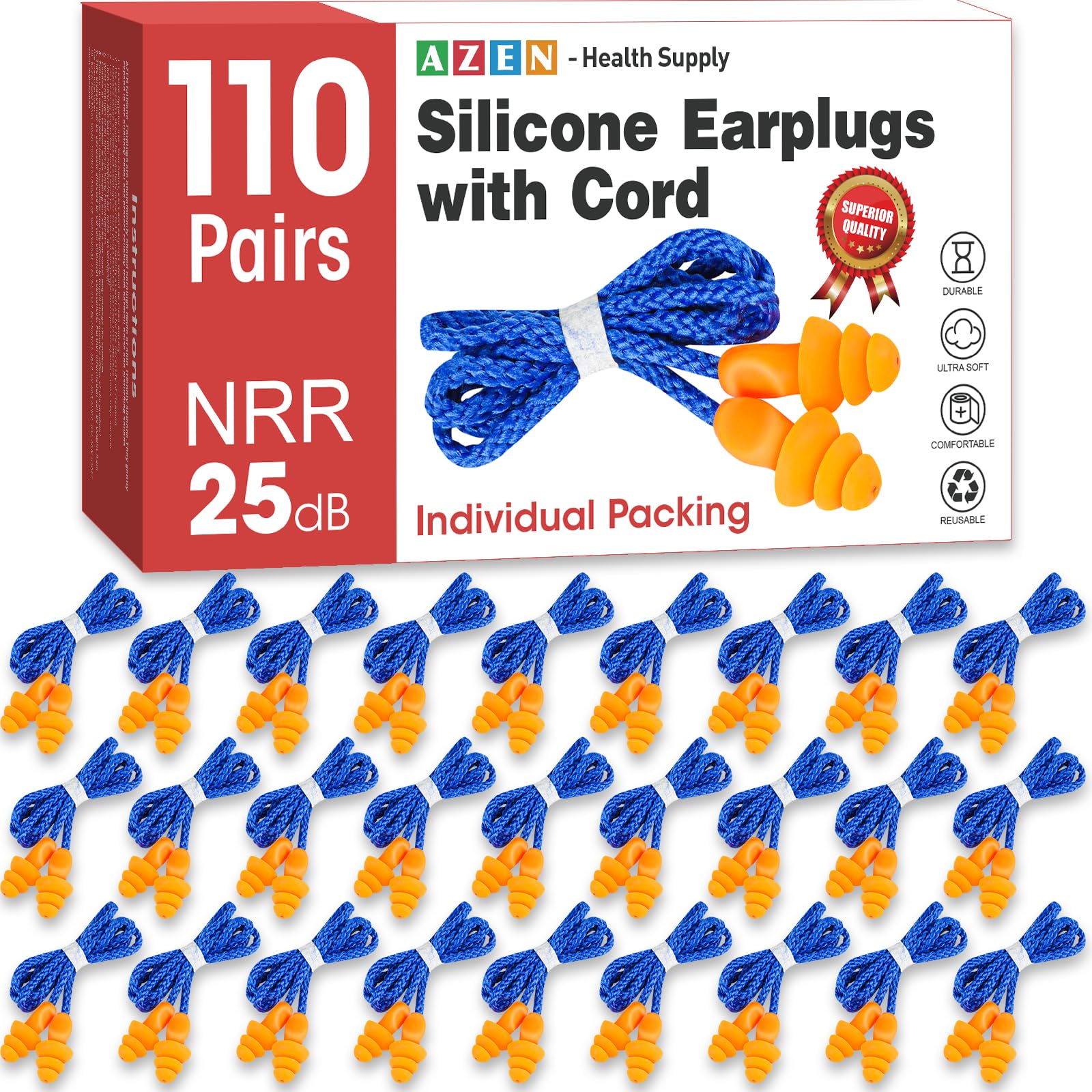 AZEN 110 Pairs Silicone Ear Plugs, Reusable Earplugs for Noise Reduction, 25dB NRR Corded Ear Plugs for Sleeping Noise Cancellin