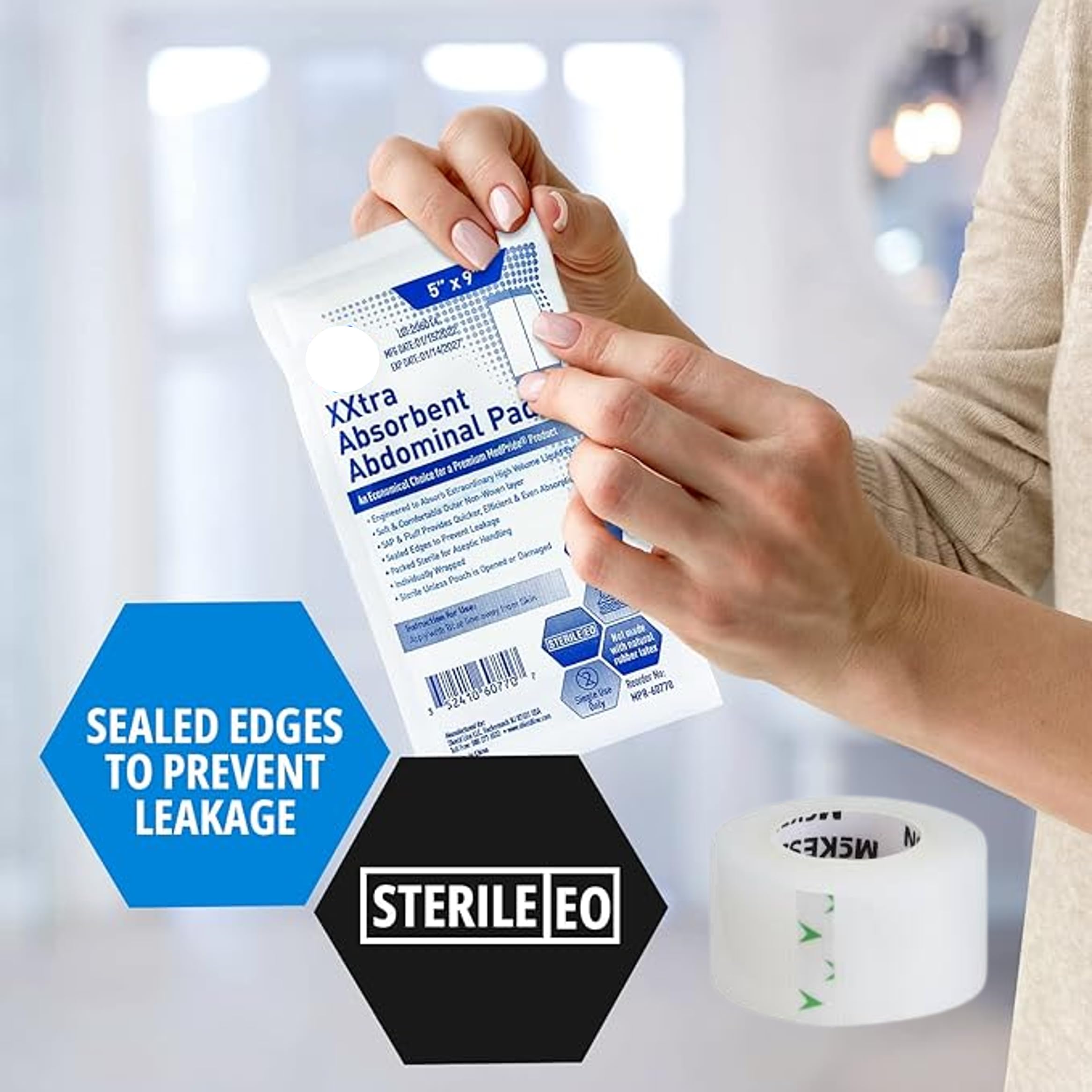 Sterile Extra Absorbent Abdominal Pads [50-Pack] - 5   x9    Plus Surgical Tape 1 in x 10 yd Roll | ABD, Non Adherent, First Aid