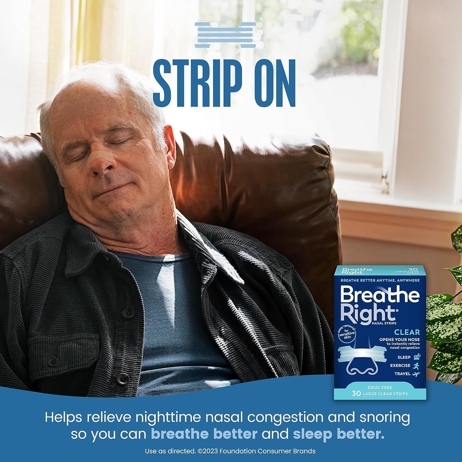 Breathe Right Nasal Strips - Clear - For Sensitive Skin - Sm / Med Clear Strips - 30 Count Strips Per Box - Pack of 3