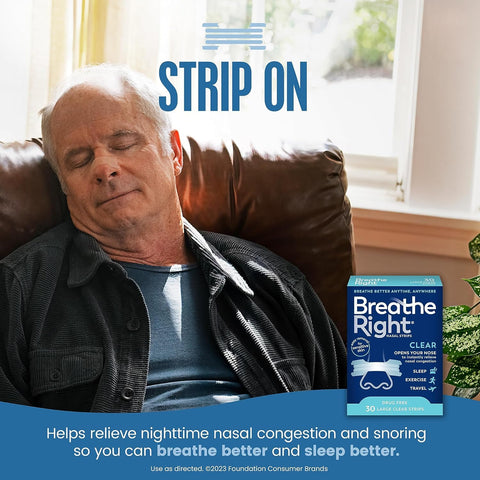 Breathe Right Nasal Strips - Clear - For Sensitive Skin - Sm / Med Clear Strips - 30 Count Strips Per Box - Pack of 3