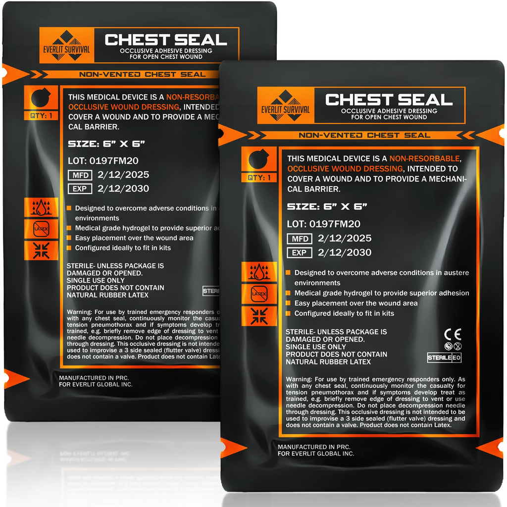 EVERLIT Occlusive Chest Seal Non-Vented Adhesive Dressing for Open Chest Injury and Sucking Chest Wound (2 Count)