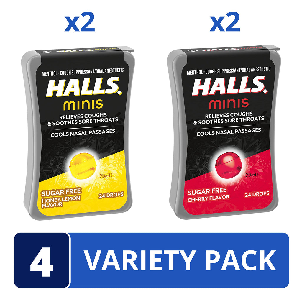 HALLS Minis Cherry & Honey Lemon Sugar Free Cough Drops Variety Pack, 4 - 24 Packs (96 Total Drops)