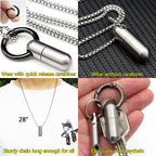 Small Pill Box Necklace Titanium Mini Pill Case W/ 28 Rolo Chain Necklace Tiny Pill Fob for Men Waterproof Pill Holder Emergency