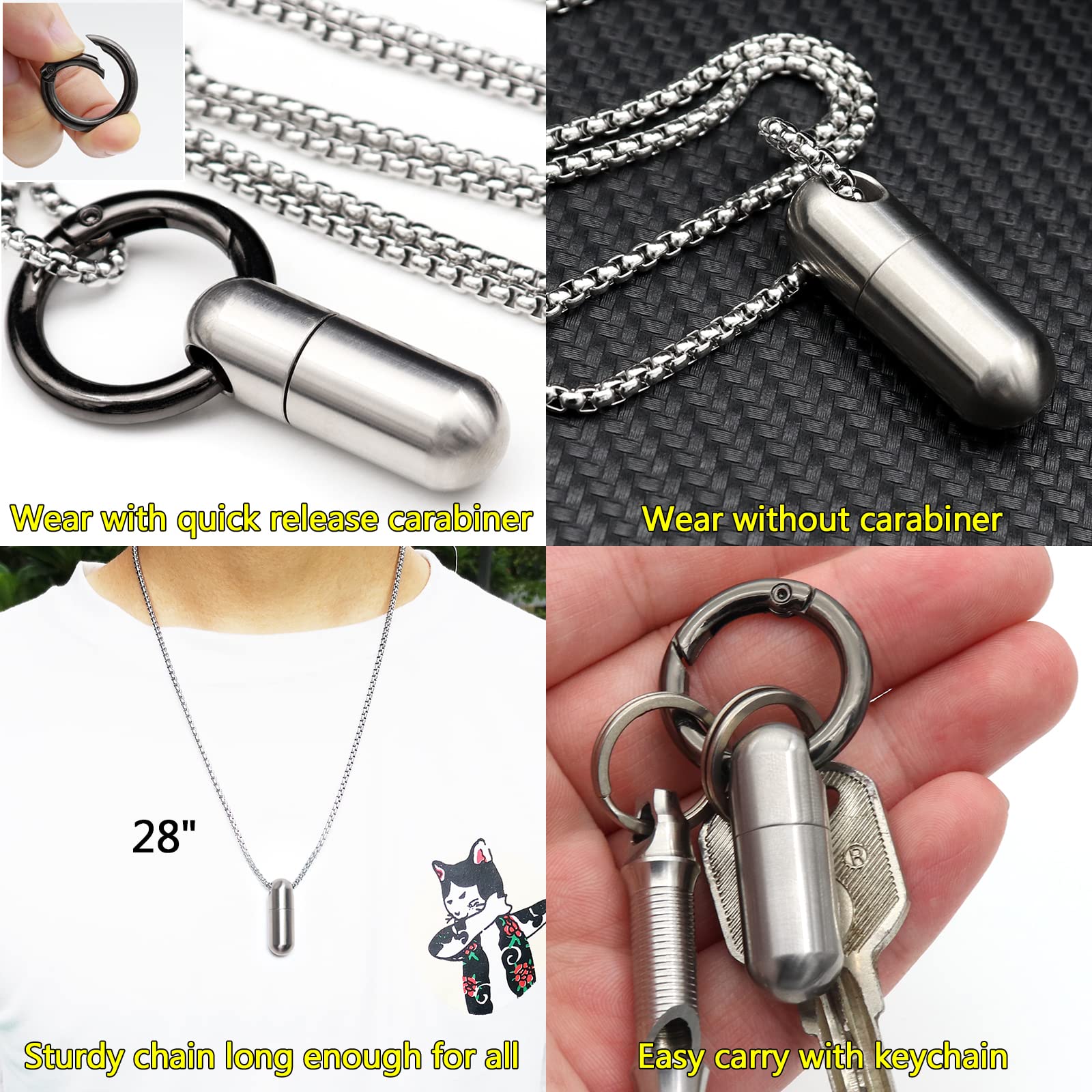 Small Pill Box Necklace Titanium Mini Pill Case W/ 28 Rolo Chain Necklace Tiny Pill Fob for Men Waterproof Pill Holder Emergency