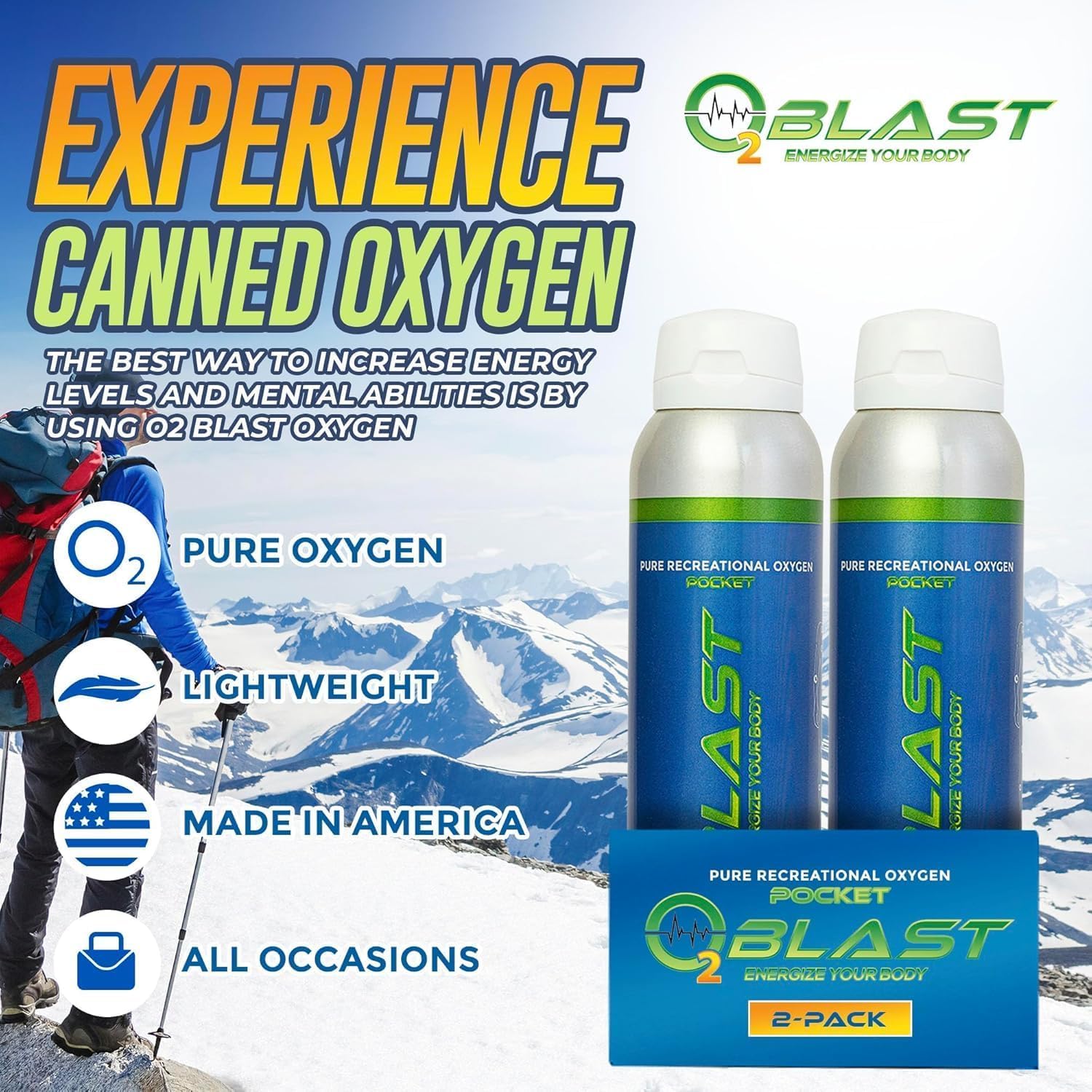 O2 Blast - Pure Oxygen Supplement, Quick Recovery for Exercise and Focus, Sanitary flip top Cap (4 Liter Oxygen Canisters - 2 Pa