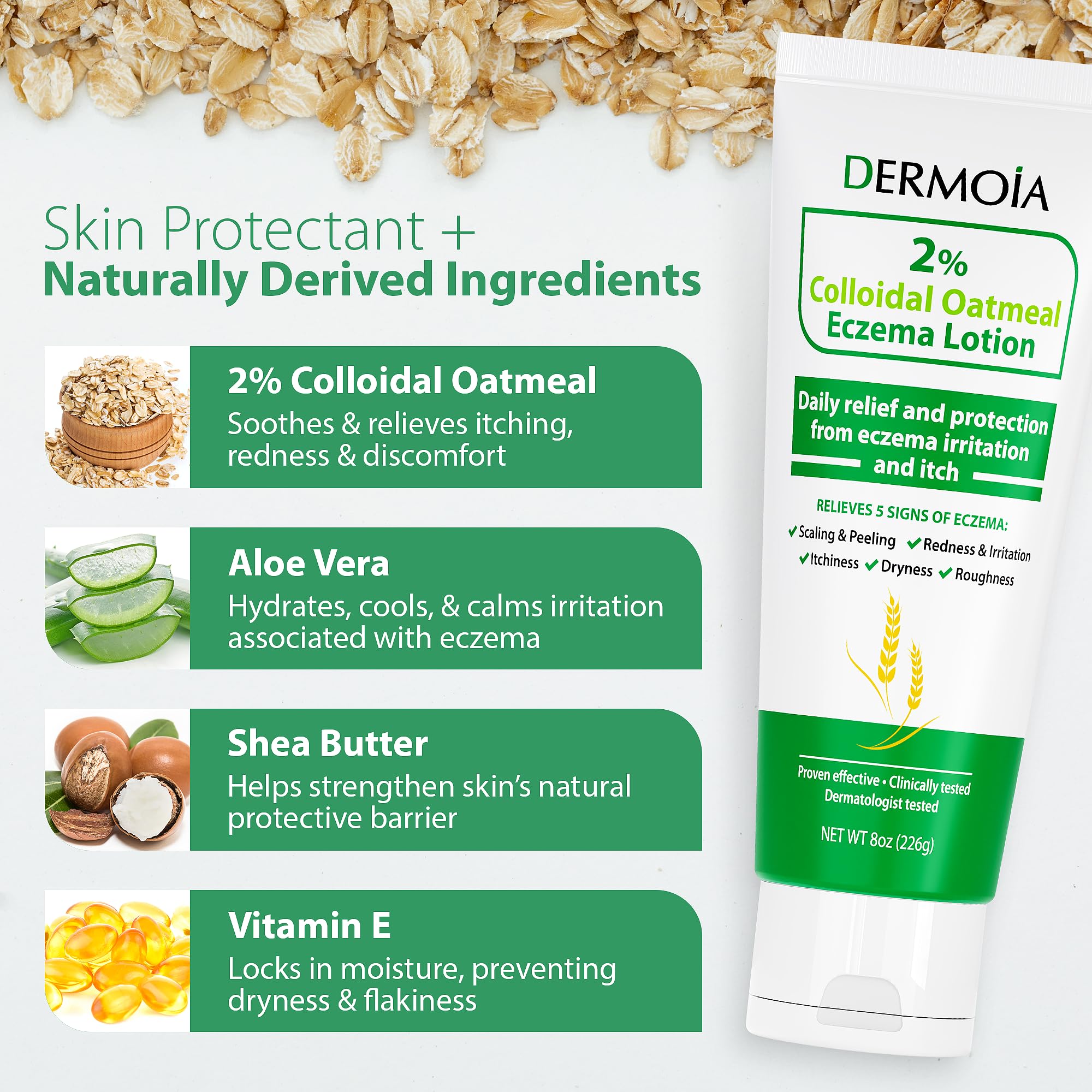 DERMOIA 2% Colloidal Oatmeal Eczema Lotion - Soothing and Moisturizing Anti-Itch Cream & Body Lotion with Aloe Vera, Shea and Gl