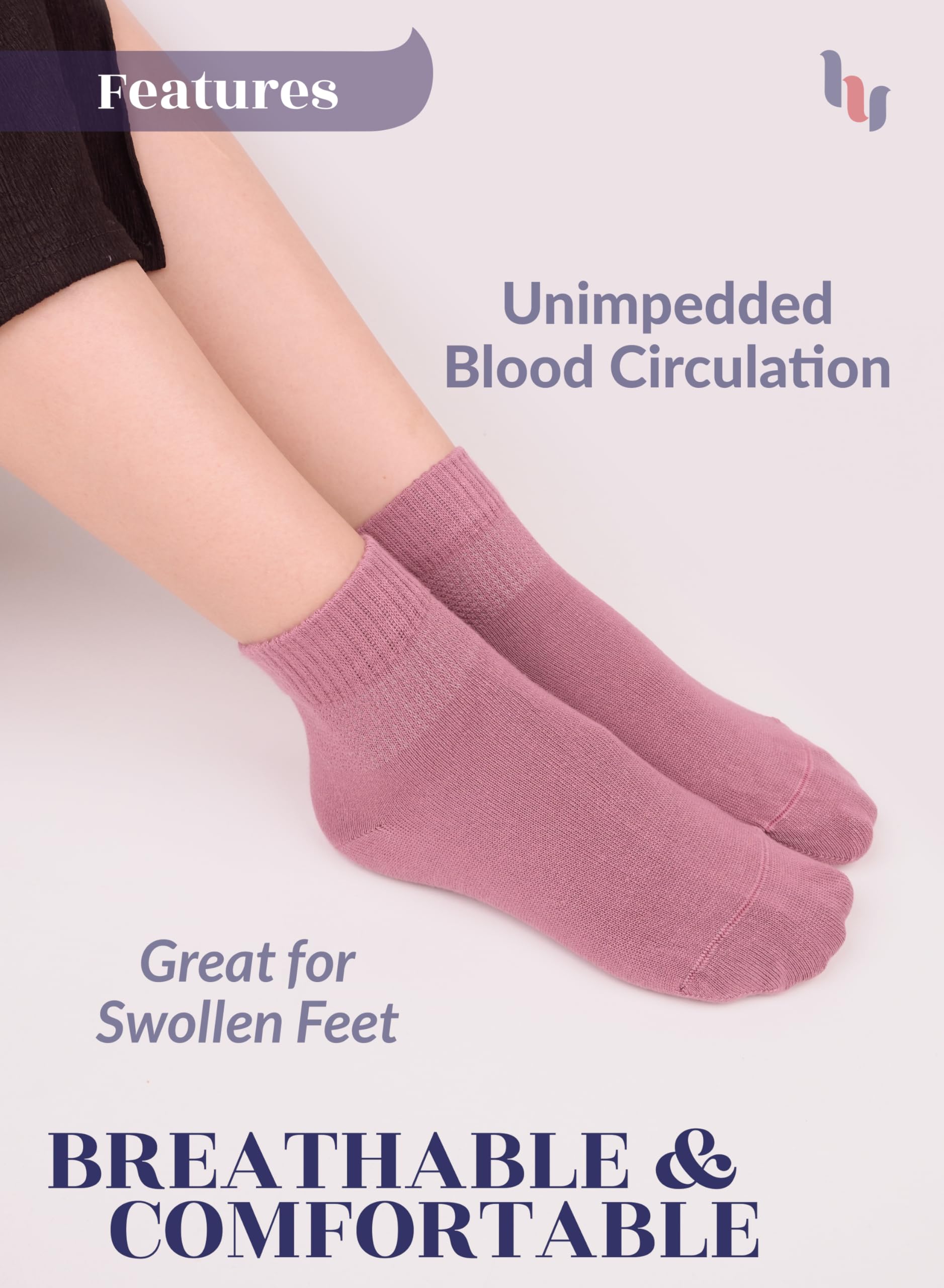 Hugh Ugoli Women Diabetic Ankle Socks, Super Soft & Thin Bamboo Socks, Wide & Loose, Non-Binding Top & Seamless Toe, 4 Pairs, Ro