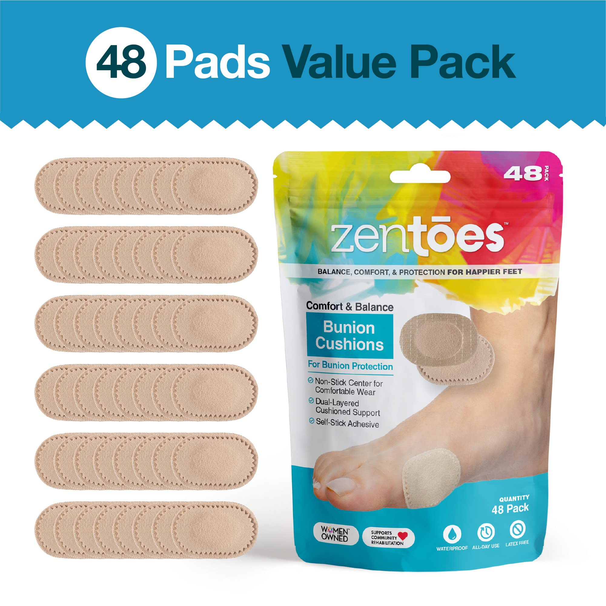ZenToes Premium Bunion Pads - Non-Stick Center for Sensitive Skin, Odor Resistant Cushions, Prevents Friction and Pressure (48 C