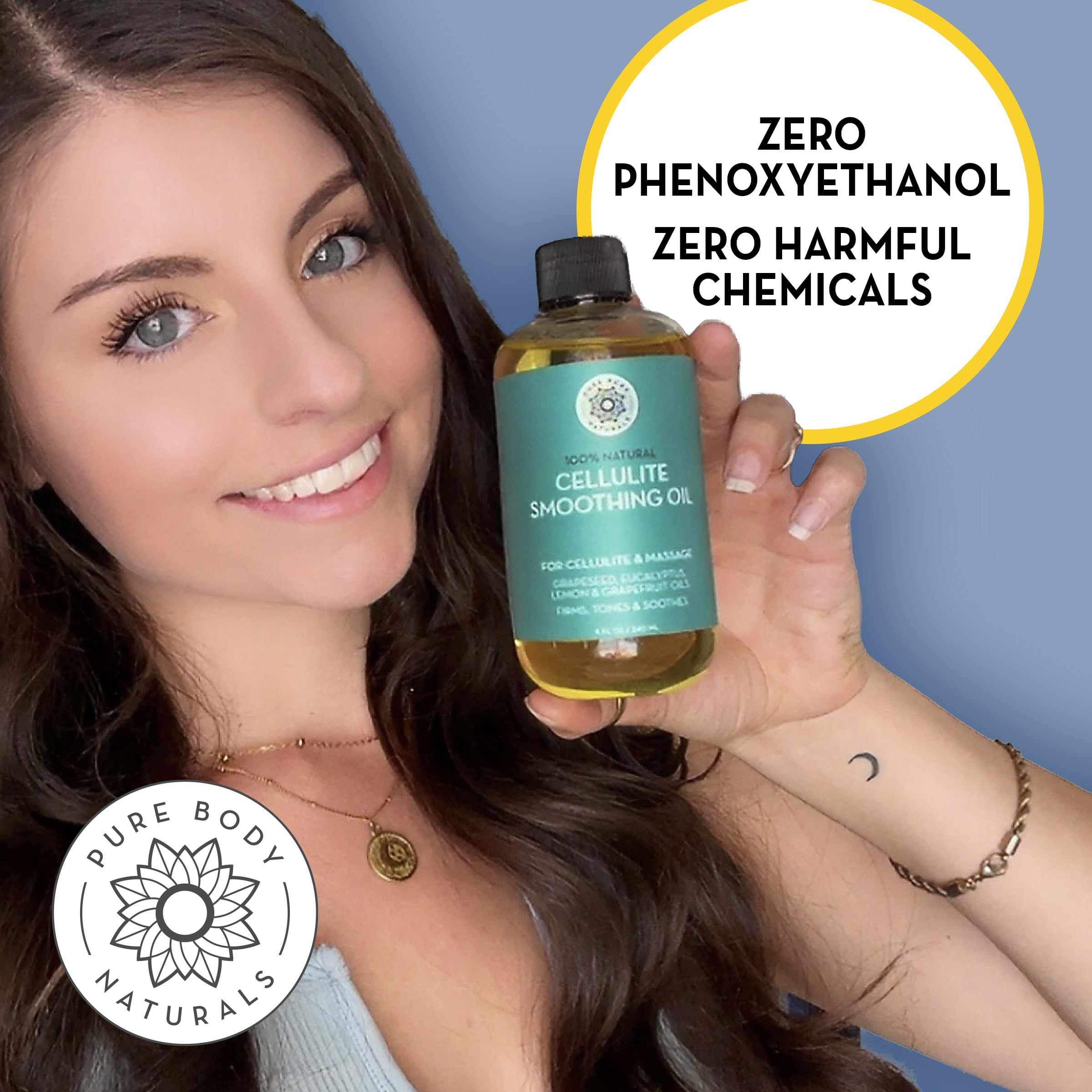 Pure Body Naturals Anti Cellulite Massage Oil, 8 fl oz | 100% Natural Cellulite Remover for Legs and Thighs | Chemical Free Firm