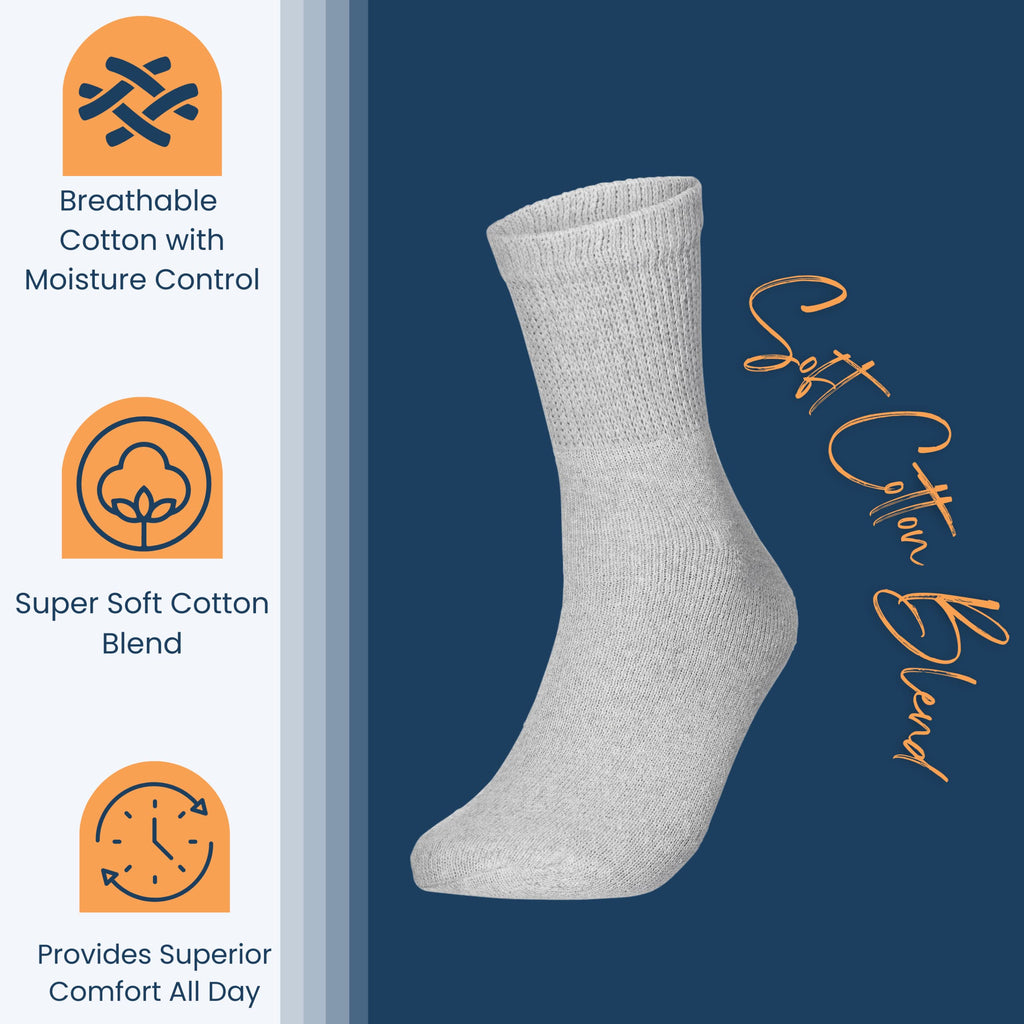 Special Essentials 12 Pairs Cotton Diabetic Ankle Socks - Non-Binding With Extra Wide Top For Men and Women Gray 9-11