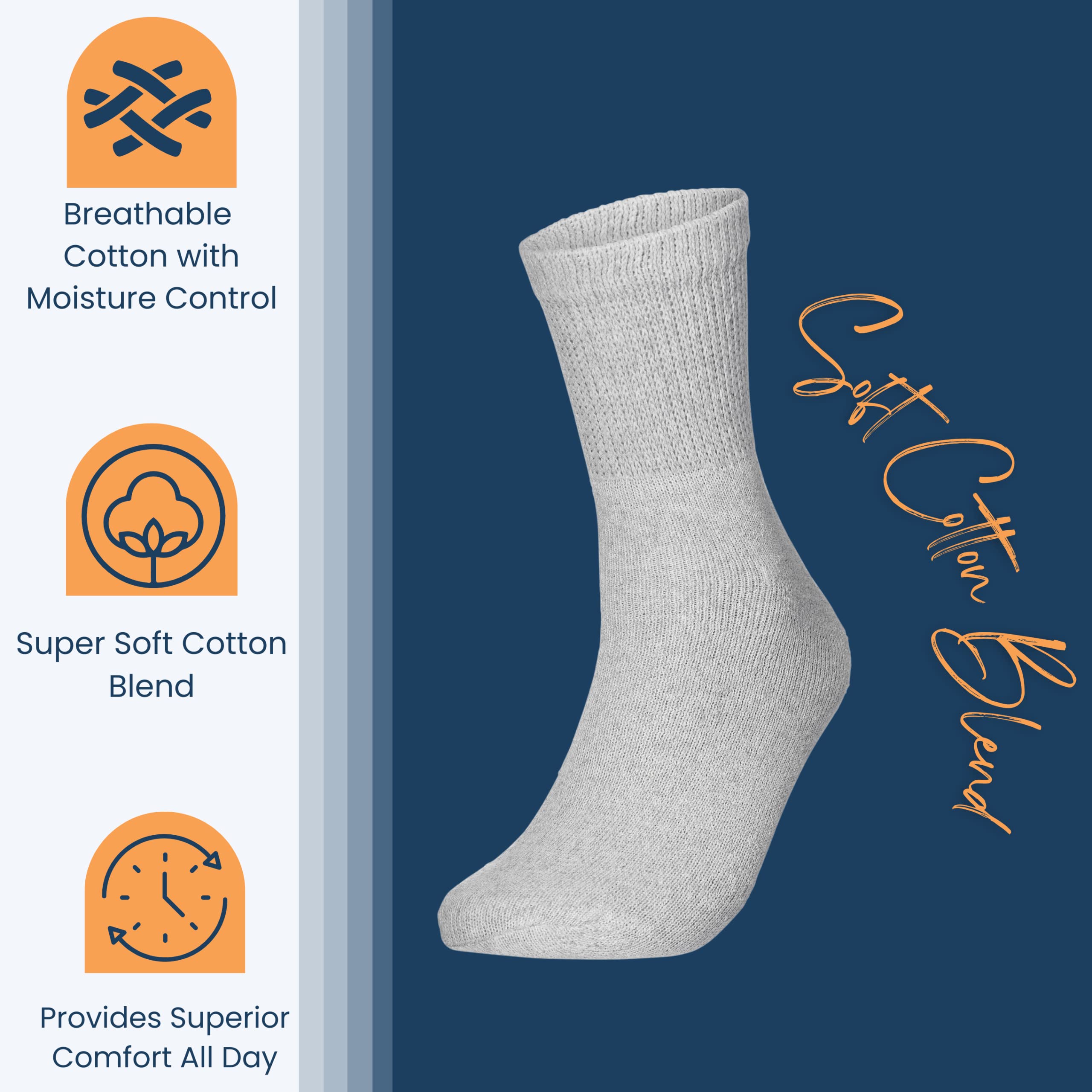 Special Essentials 12 Pairs Cotton Diabetic Ankle Socks - Non-Binding With Extra Wide Top For Men and Women Gray 9-11