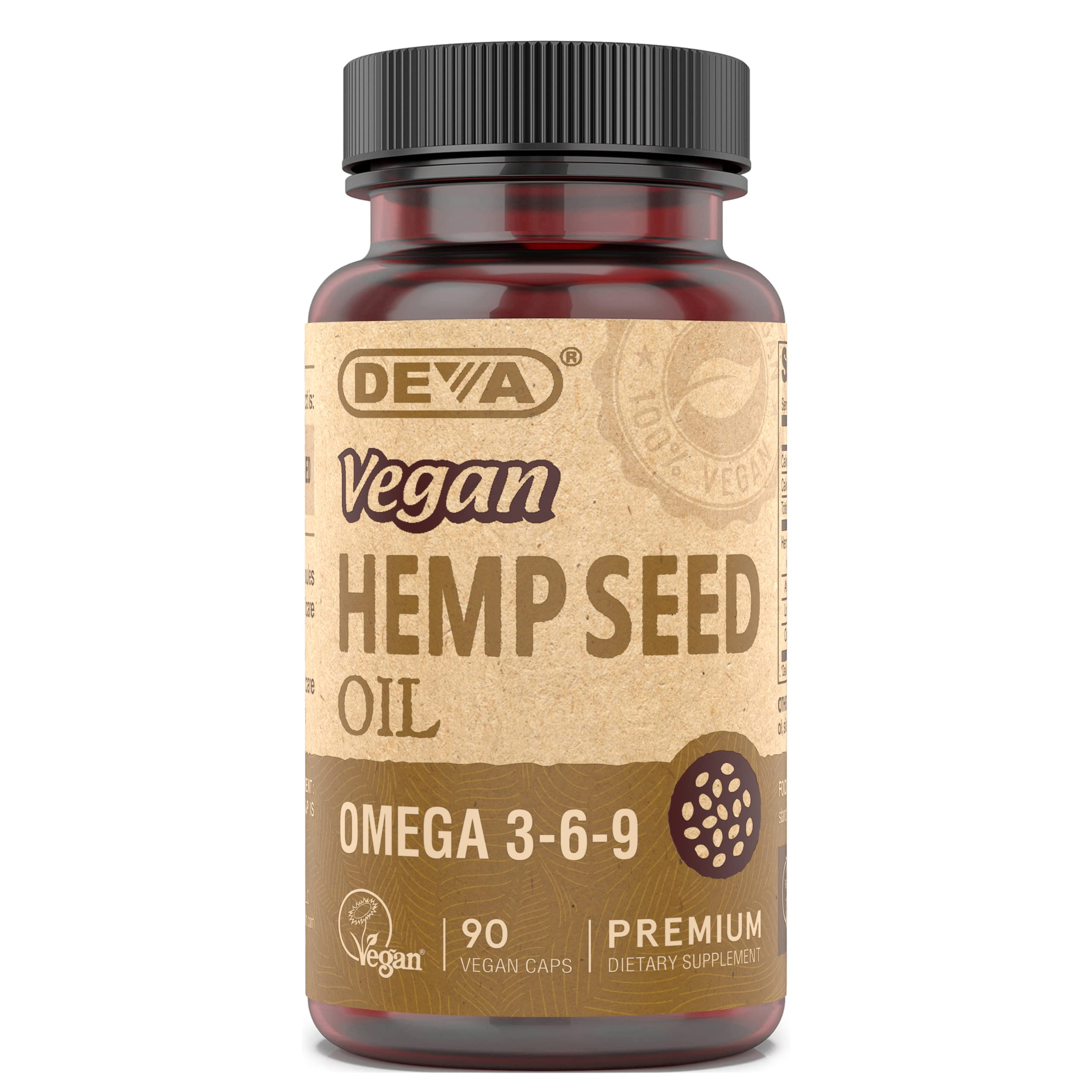 DEVA Vegan Vitamins Hemp Oil, Rich in Omega 3-6-9 - for Dietary Supplements, Cosmetics & Culinary - 90 Capsules, 1-Pack