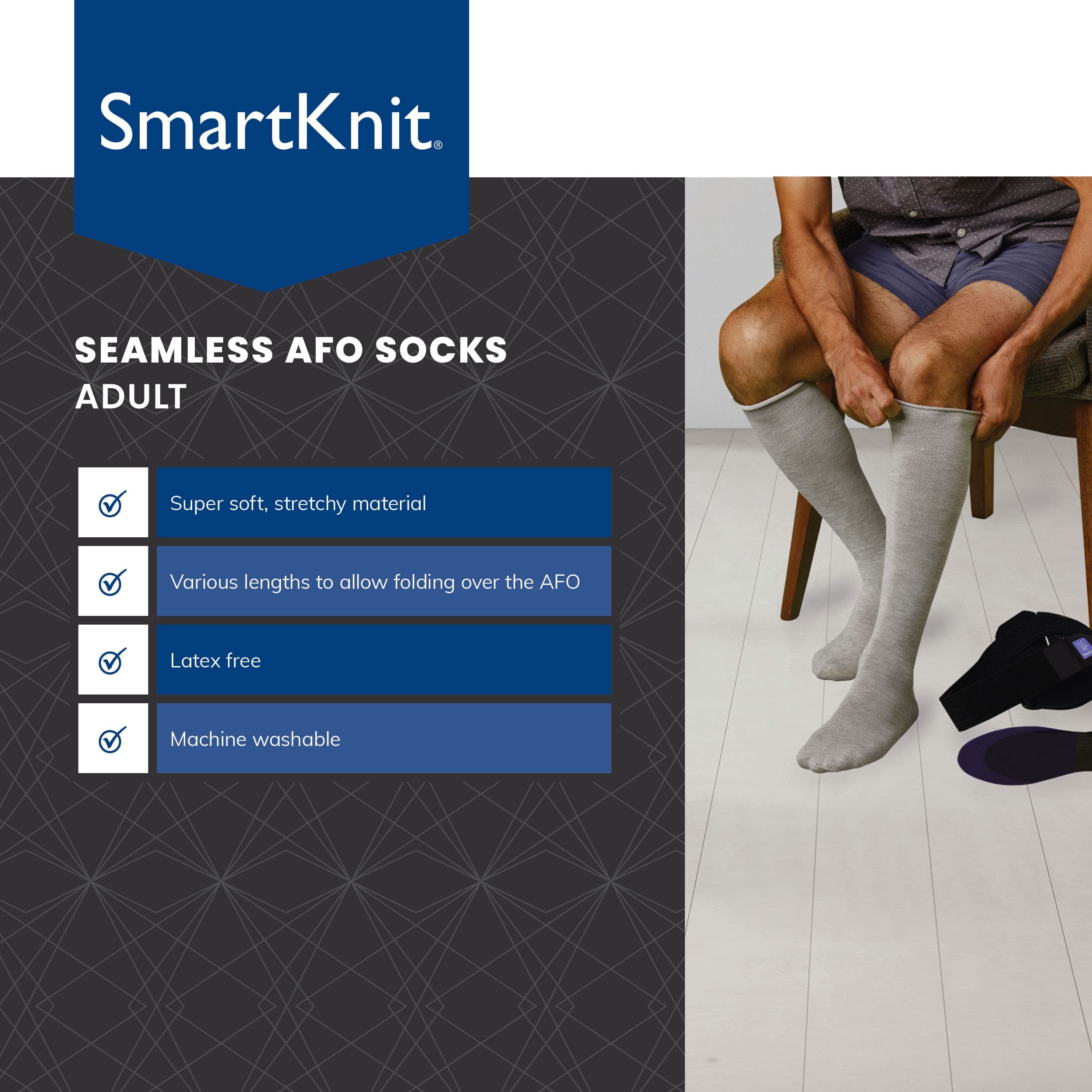 SMARTKNIT Adult AFO Interface Seamless Sensitivity Socks (Charcoal, Regular)