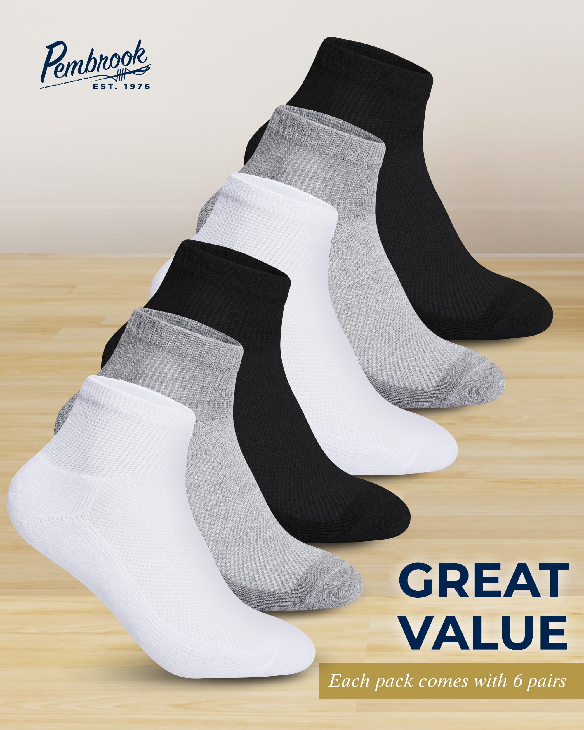 Pembrook Ankle Diabetic Socks for Men & Women | 6 Pairs | Black, White, Gray | Wide Stretch Top Mens Diabetic Socks | Diabetic S