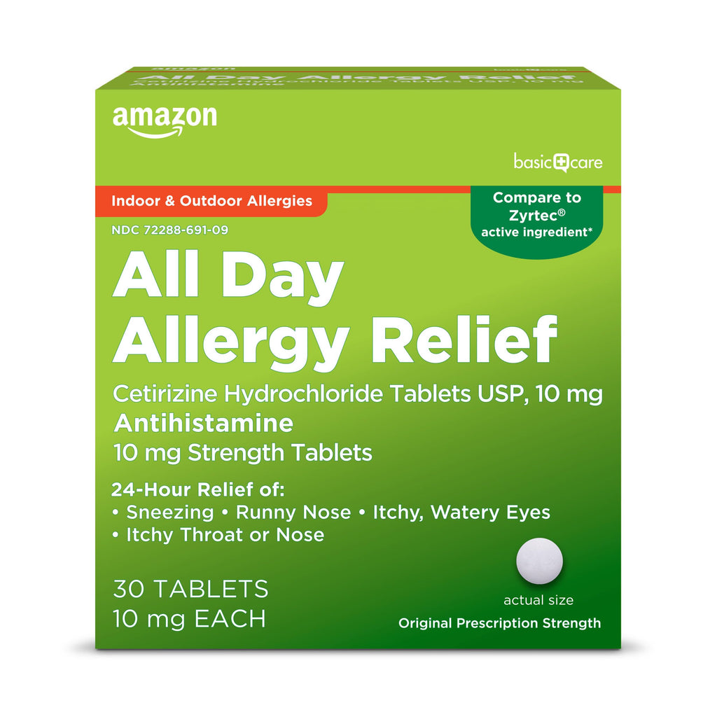 Amazon Basic Care All Day Allergy, Cetirizine Hydrochloride Tablets, 10 mg, Antihistamine, 30 Count (Packaging may vary)