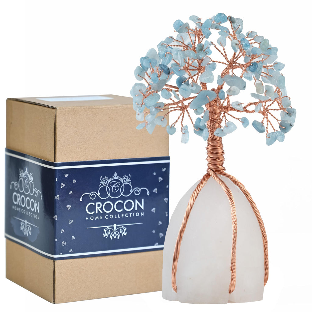 Aquamarine Gemstone Tree of Life - Natural Quartz Stone Base, Copper Wire Money Tree, Crystal for Positive Energy - Attract Good